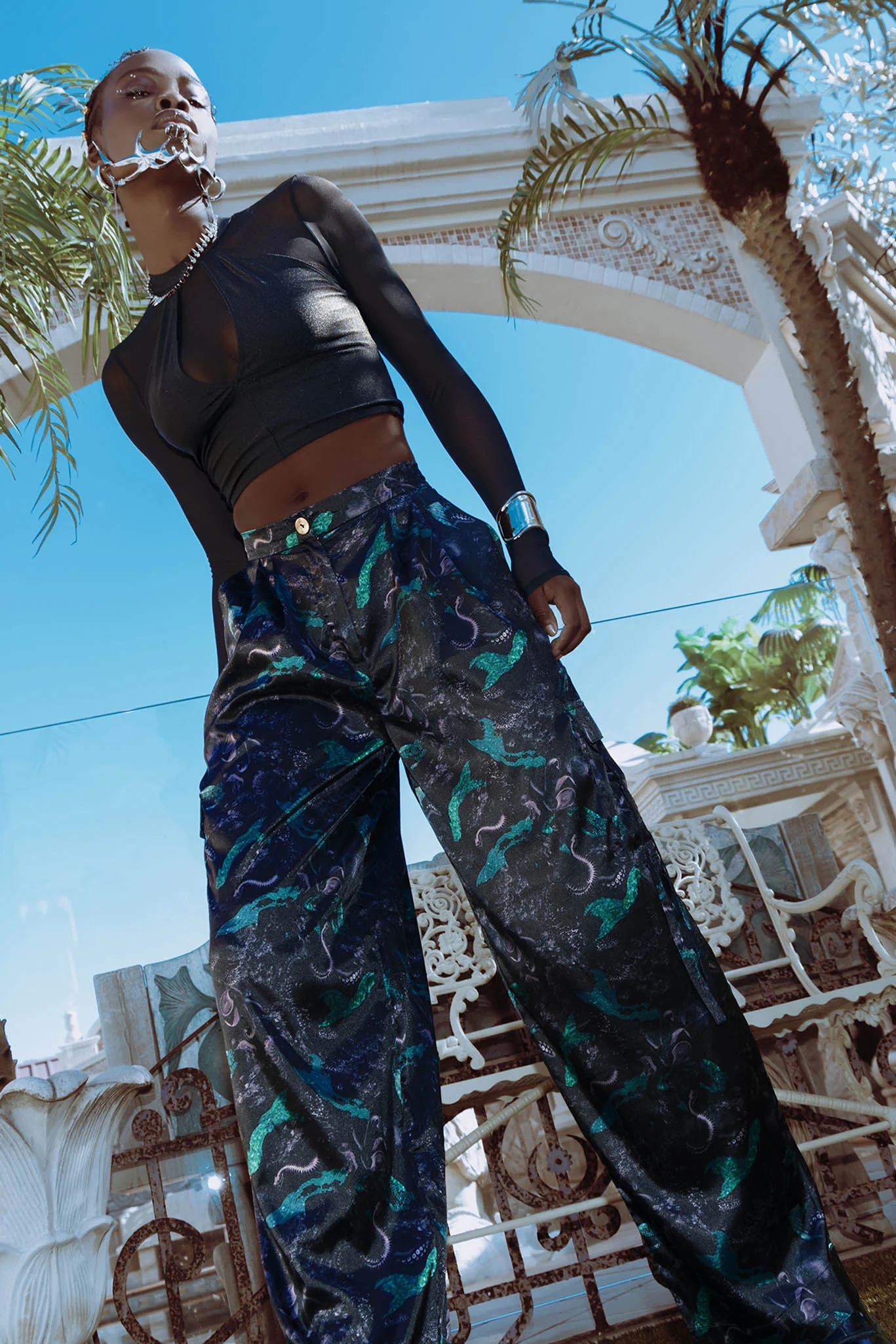 Abyss Wide Leg Satin Cargo Pants - Image 5