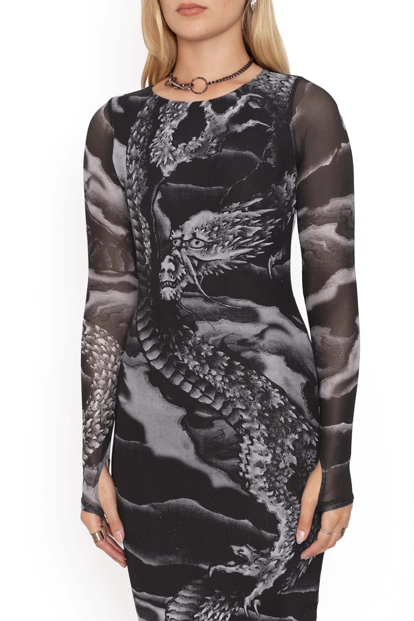 Ascending Dragon Descending Dragon Sheer Long Sleeve Bodycon Midi Dress - Image 3