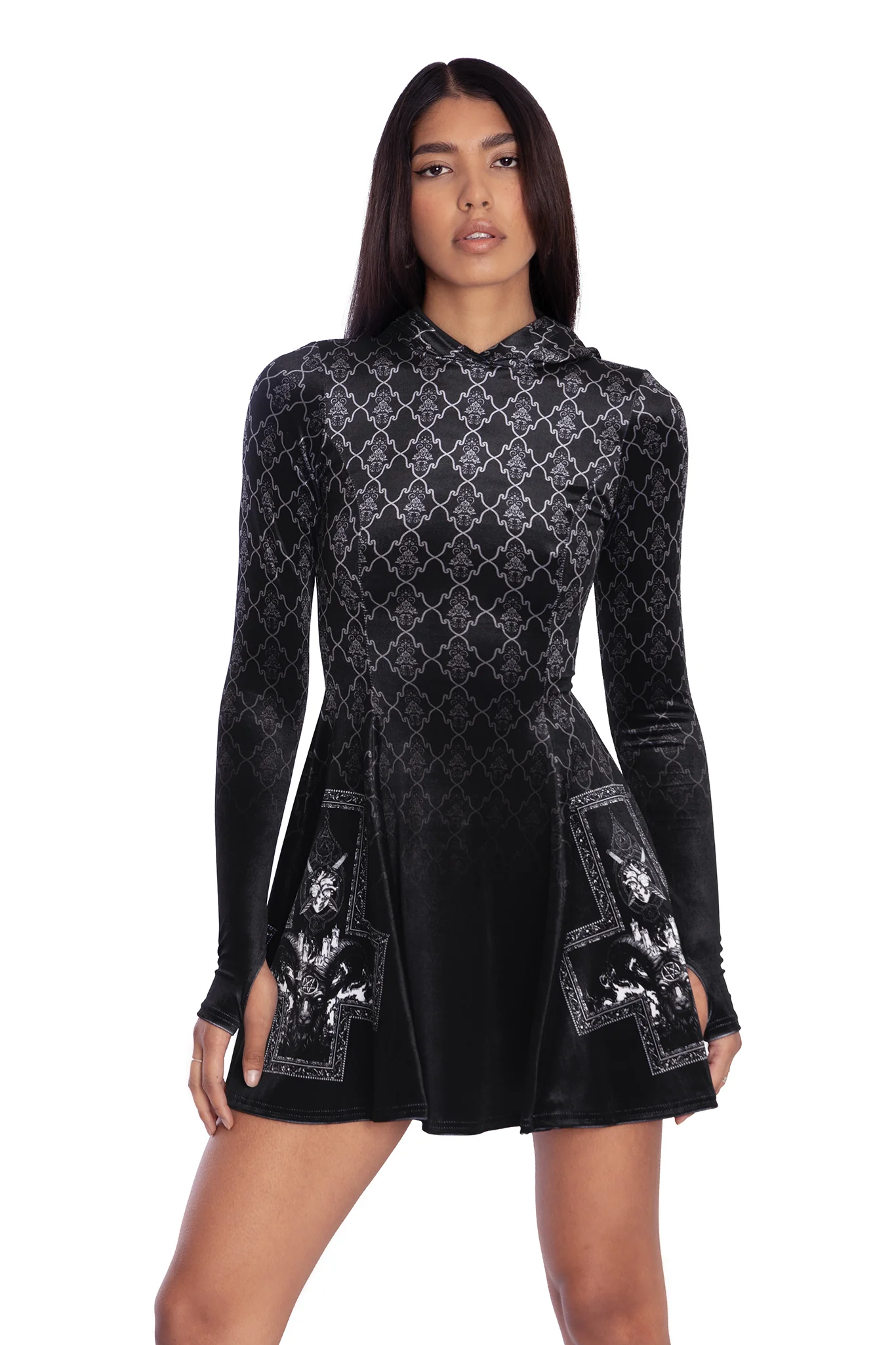Baphomet Hooded Velvet LS Evil Mini Skater Dress - Image 6
