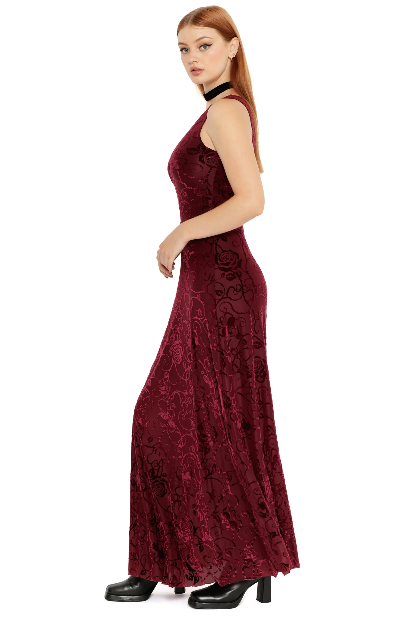 Be With Me Always Black Cherry Burned Velvet Princess Maxi Dress - Image 4
