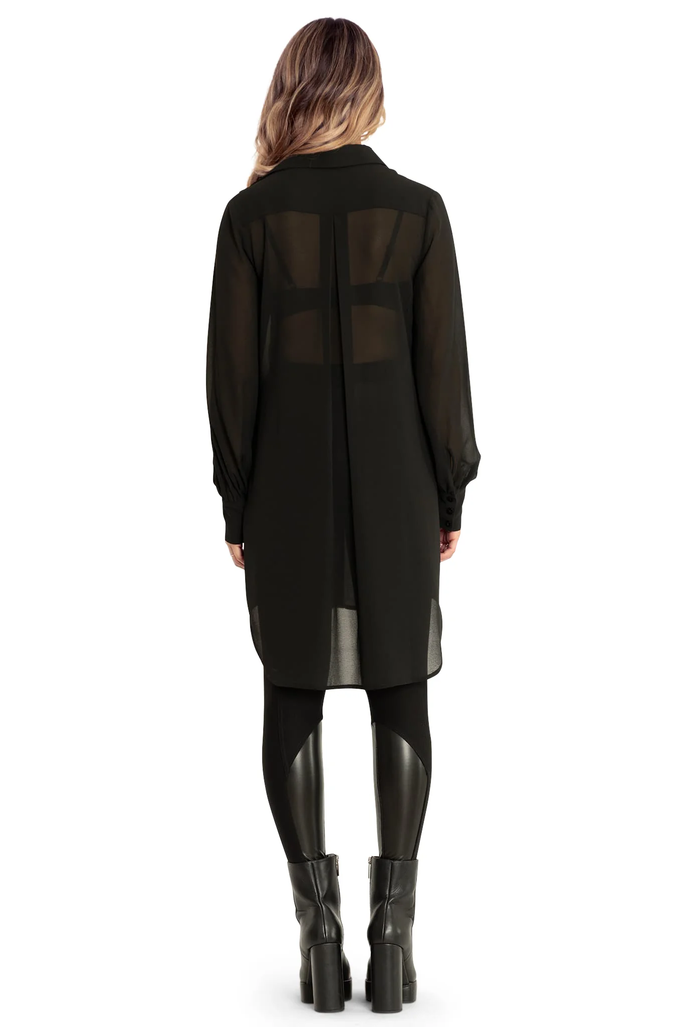 Black Sheer Long Sleeve Oversized Shirt Dress - Image 2