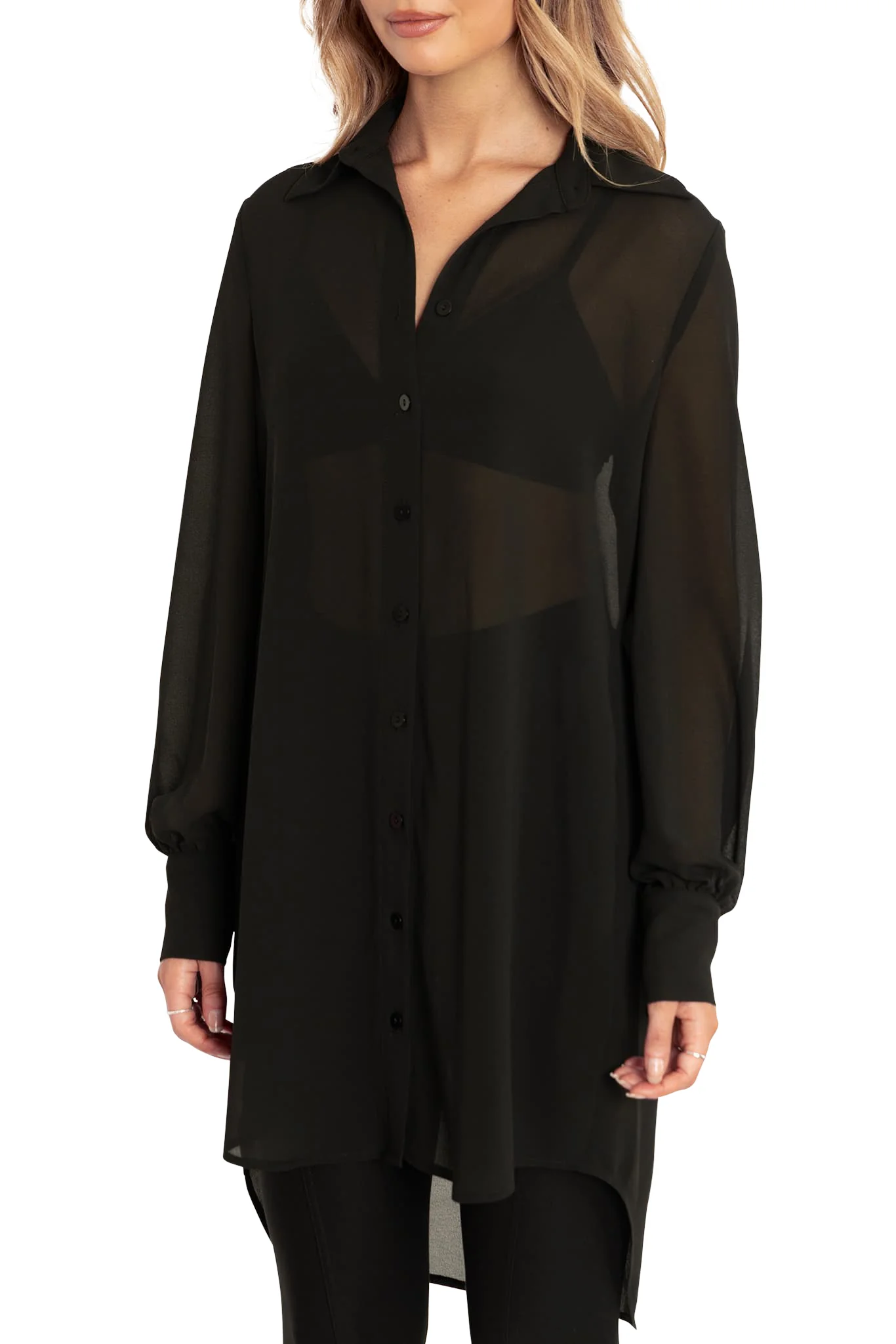Black Sheer Long Sleeve Oversized Shirt Dress - Image 3