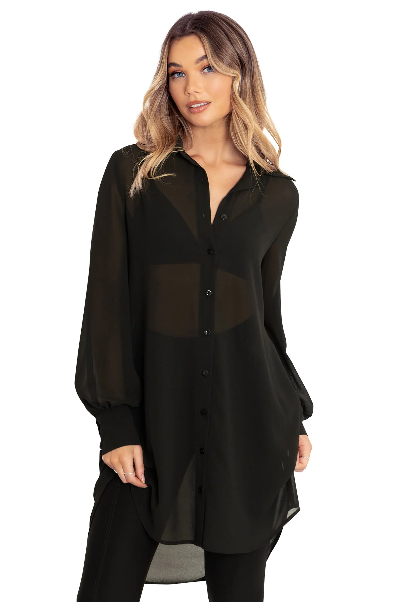Black Sheer Long Sleeve Oversized Shirt Dress - Image 5