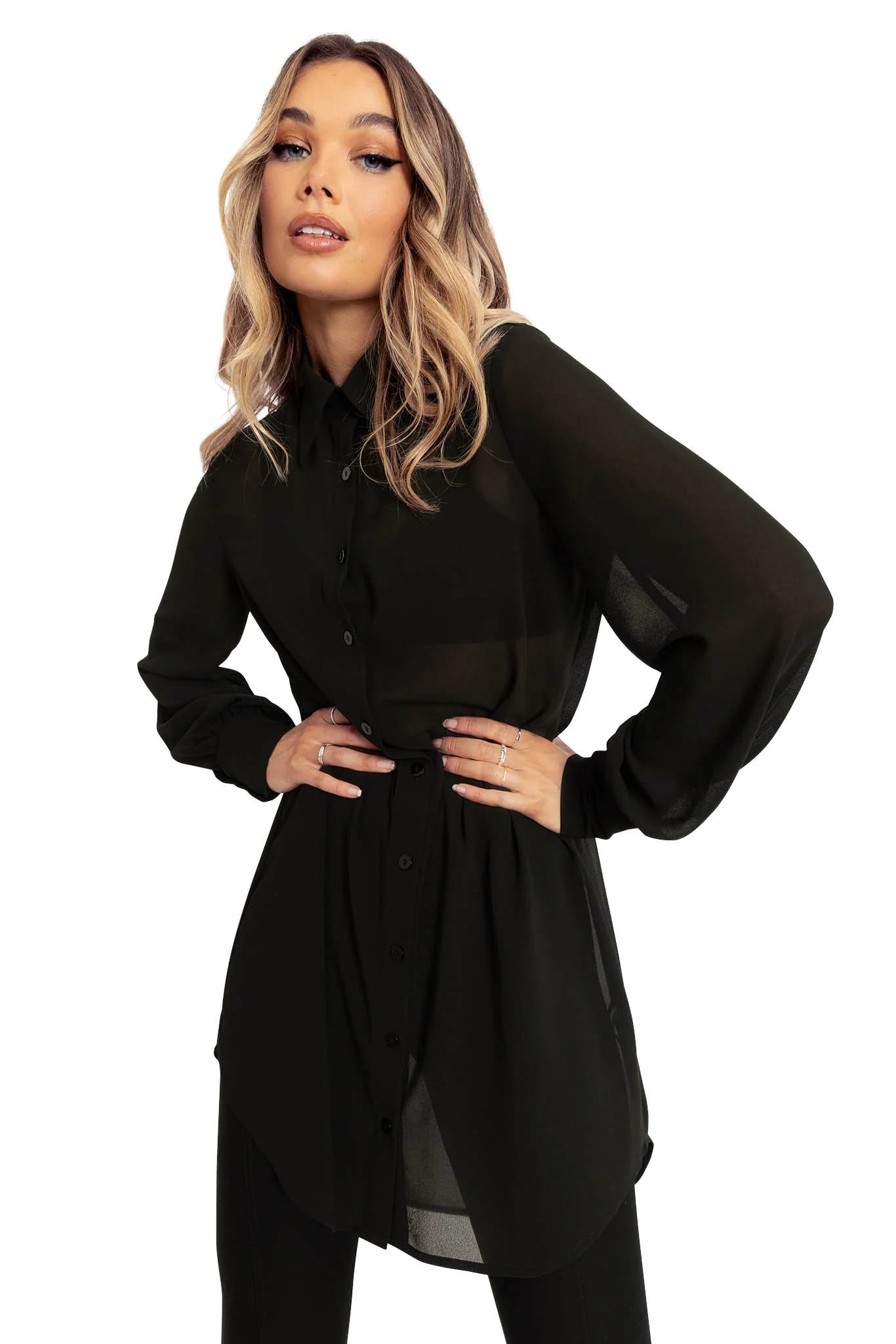 Black Sheer Long Sleeve Oversized Shirt Dress - Image 7
