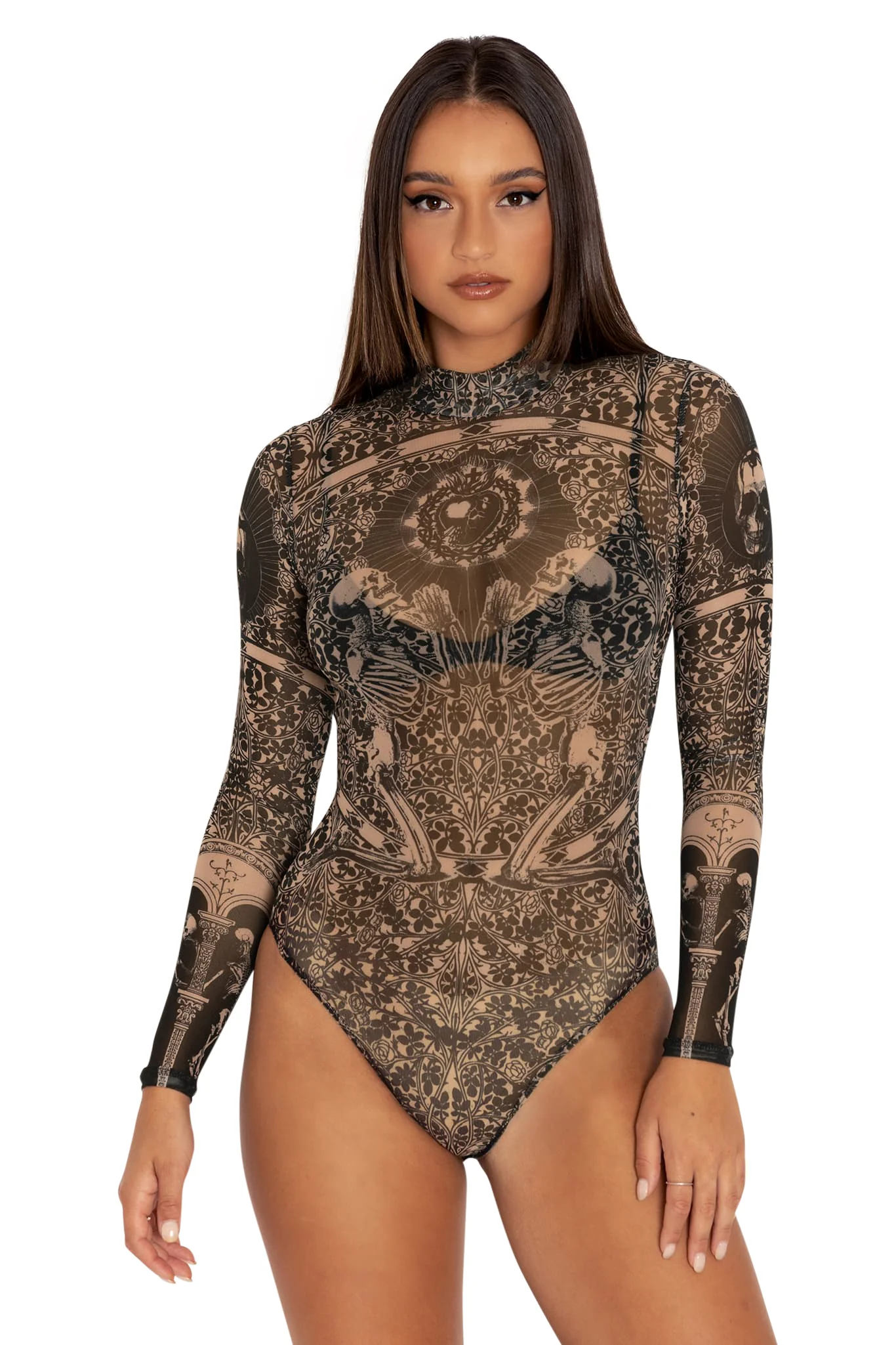 Blood Sacrifice Beige Sheer High Neck Long Sleeve Bodysuit - Image 3