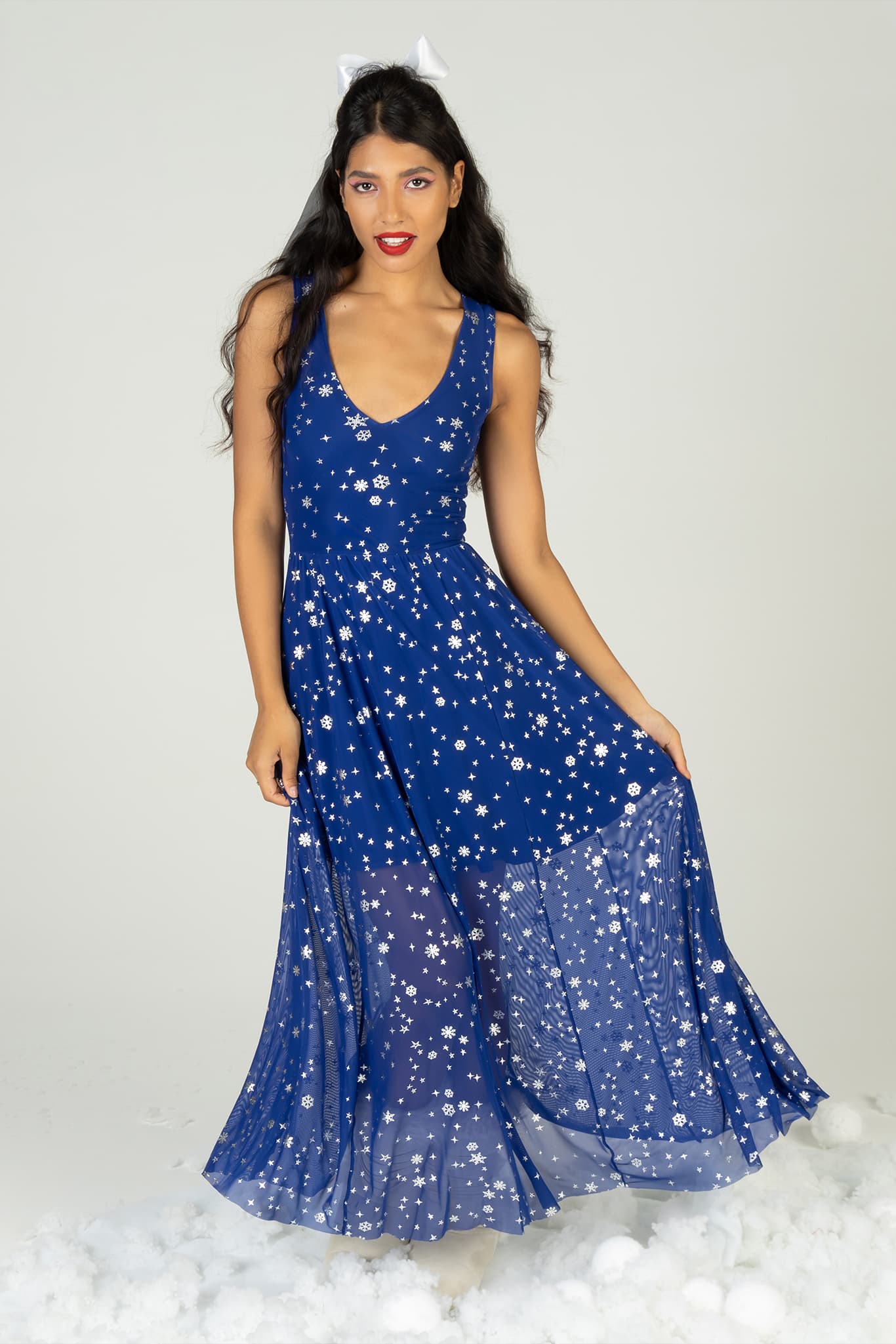 Christmas Star Blue V Neck Maxi Dress