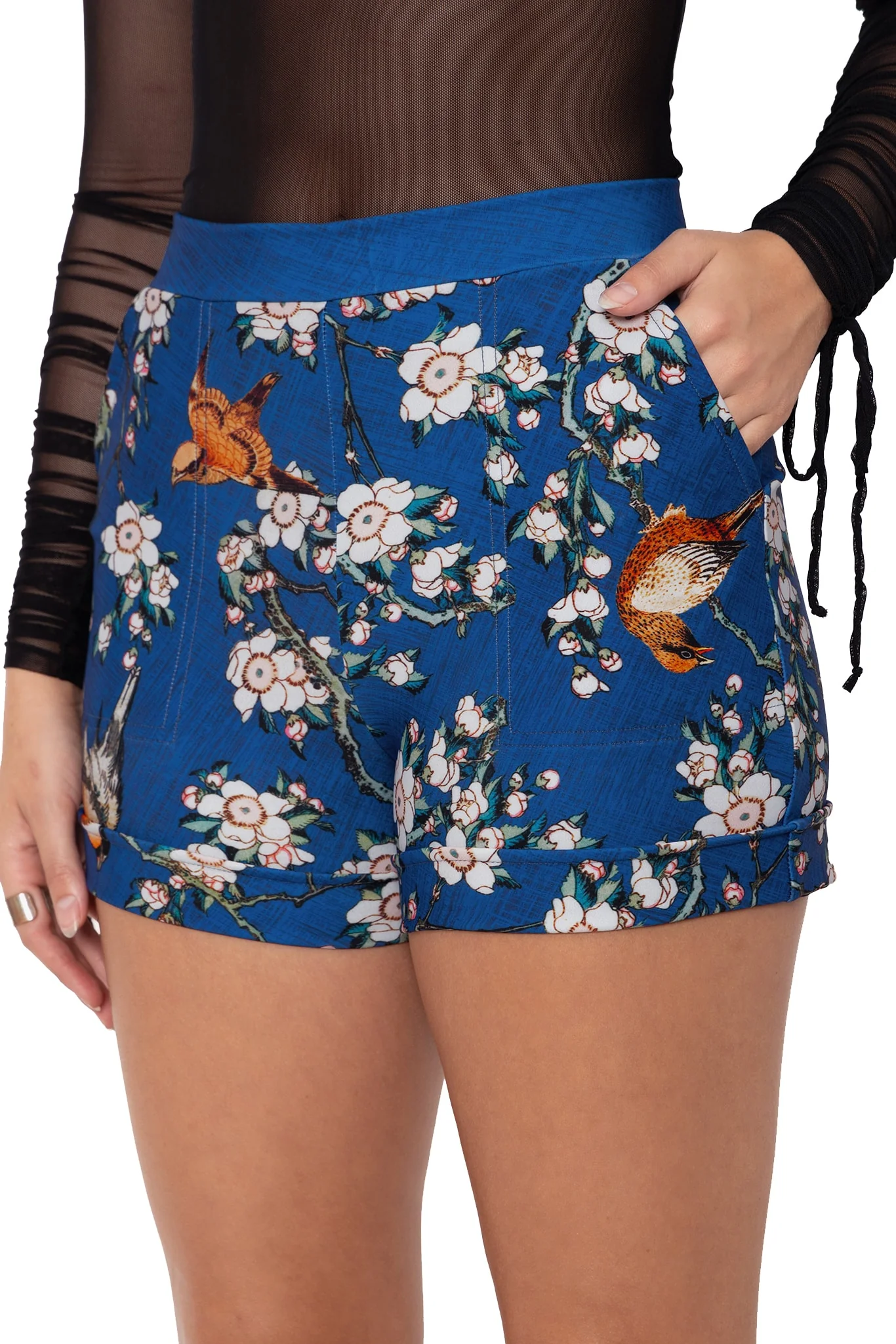 Bullfinch And Weeping Cherry Blossoms Cuffed Shorts - Image 3