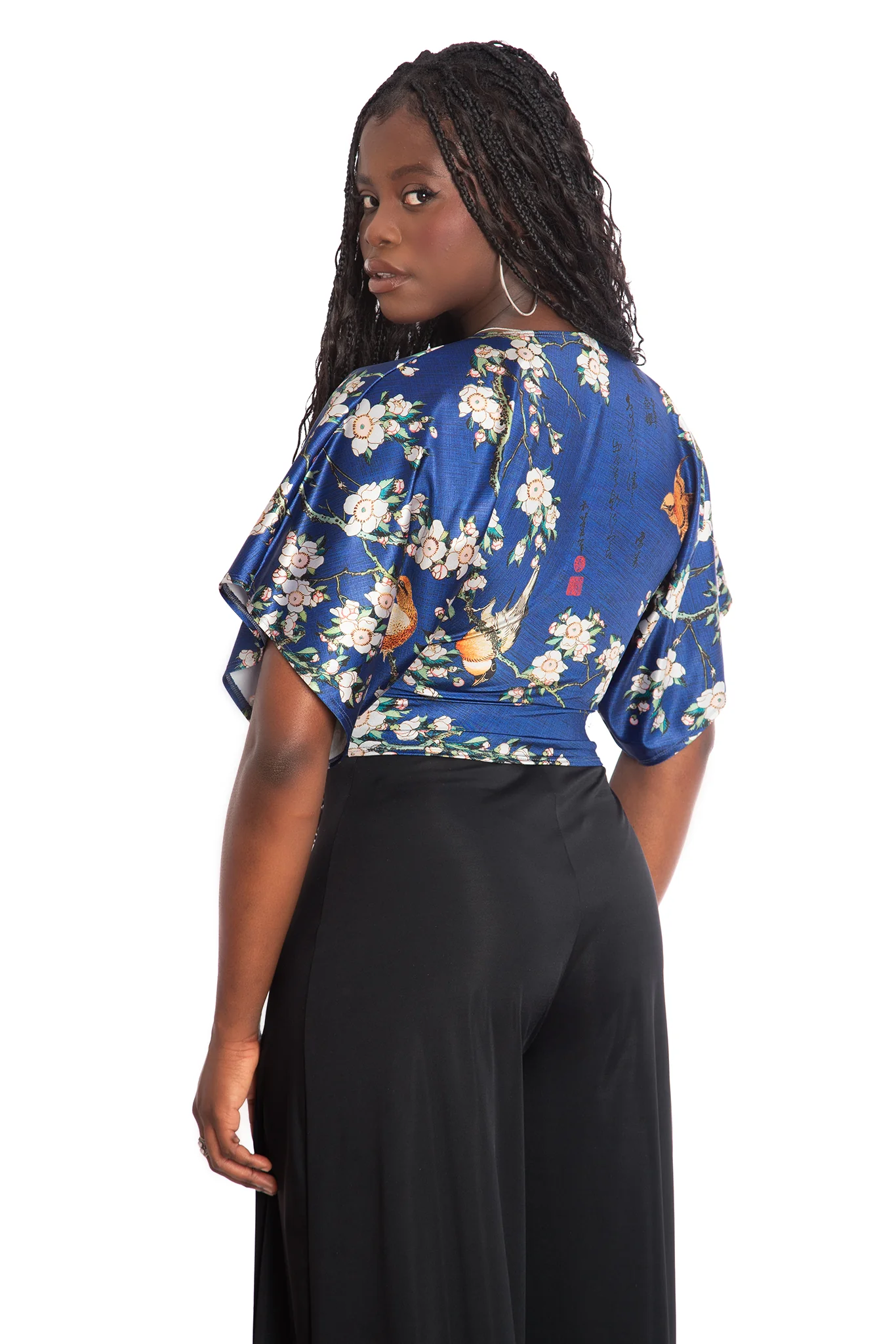 Bullfinch And Weeping Cherry Blossoms Shiny Kimono Tie Top - Image 2