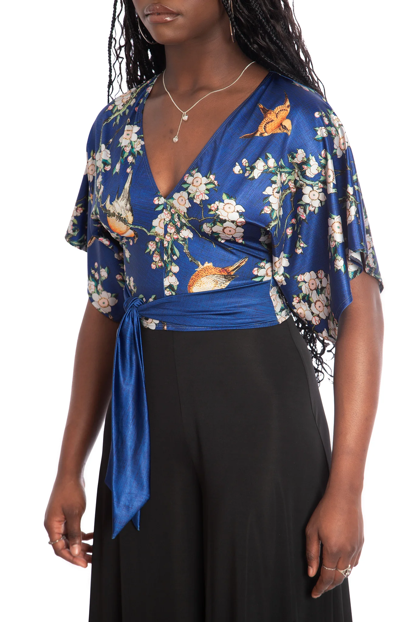 Bullfinch And Weeping Cherry Blossoms Shiny Kimono Tie Top - Image 3