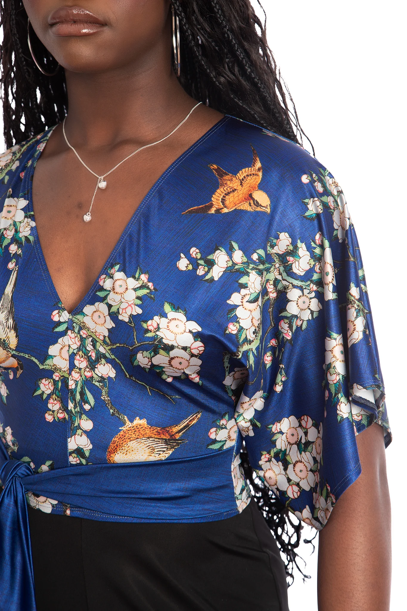 Bullfinch And Weeping Cherry Blossoms Shiny Kimono Tie Top - Image 5