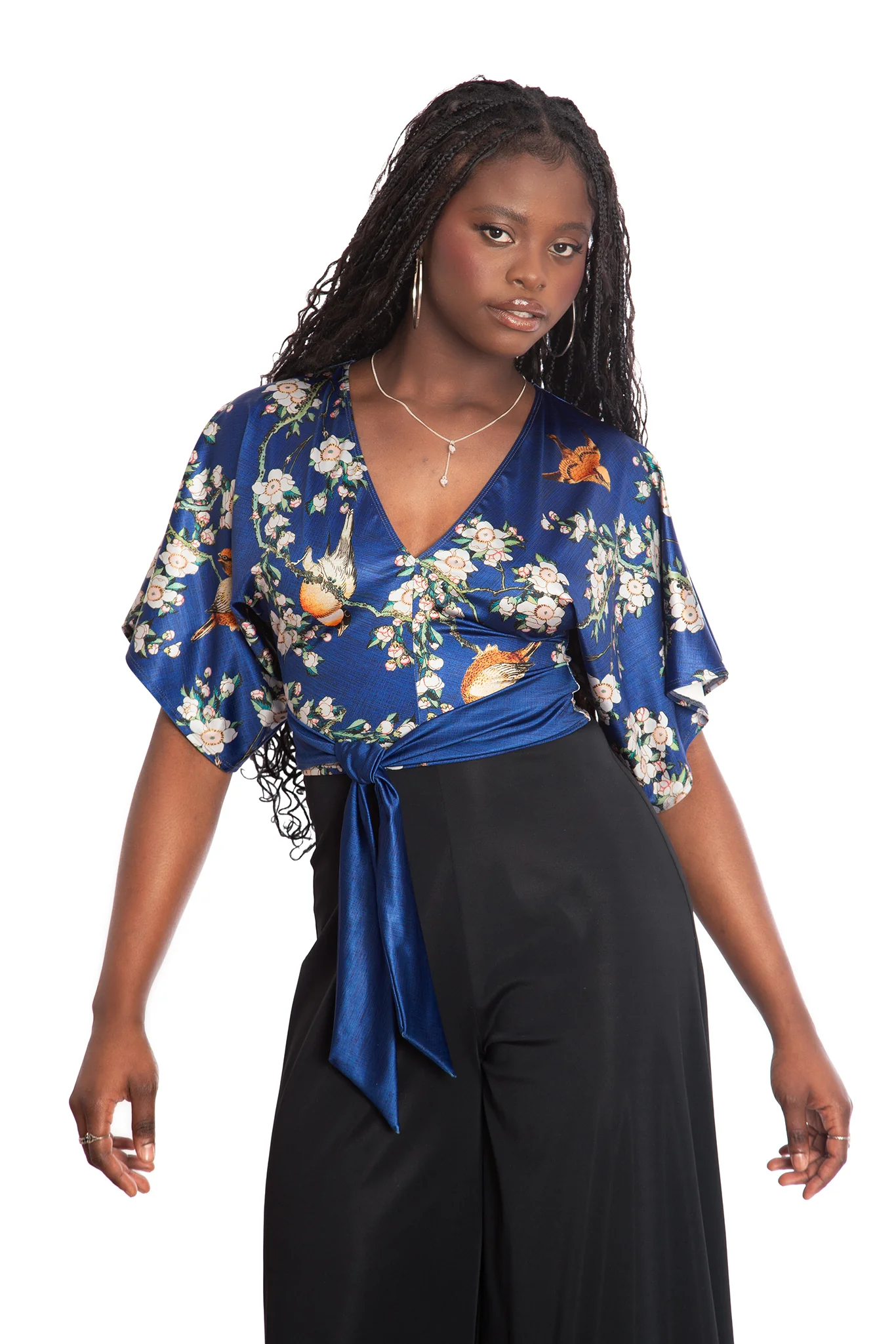 Bullfinch And Weeping Cherry Blossoms Shiny Kimono Tie Top - Image 6