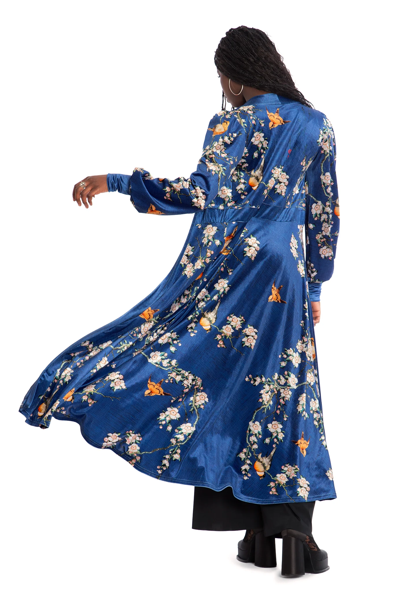 Bullfinch And Weeping Cherry Blossoms Velvet Maxi Jacket - Image 2