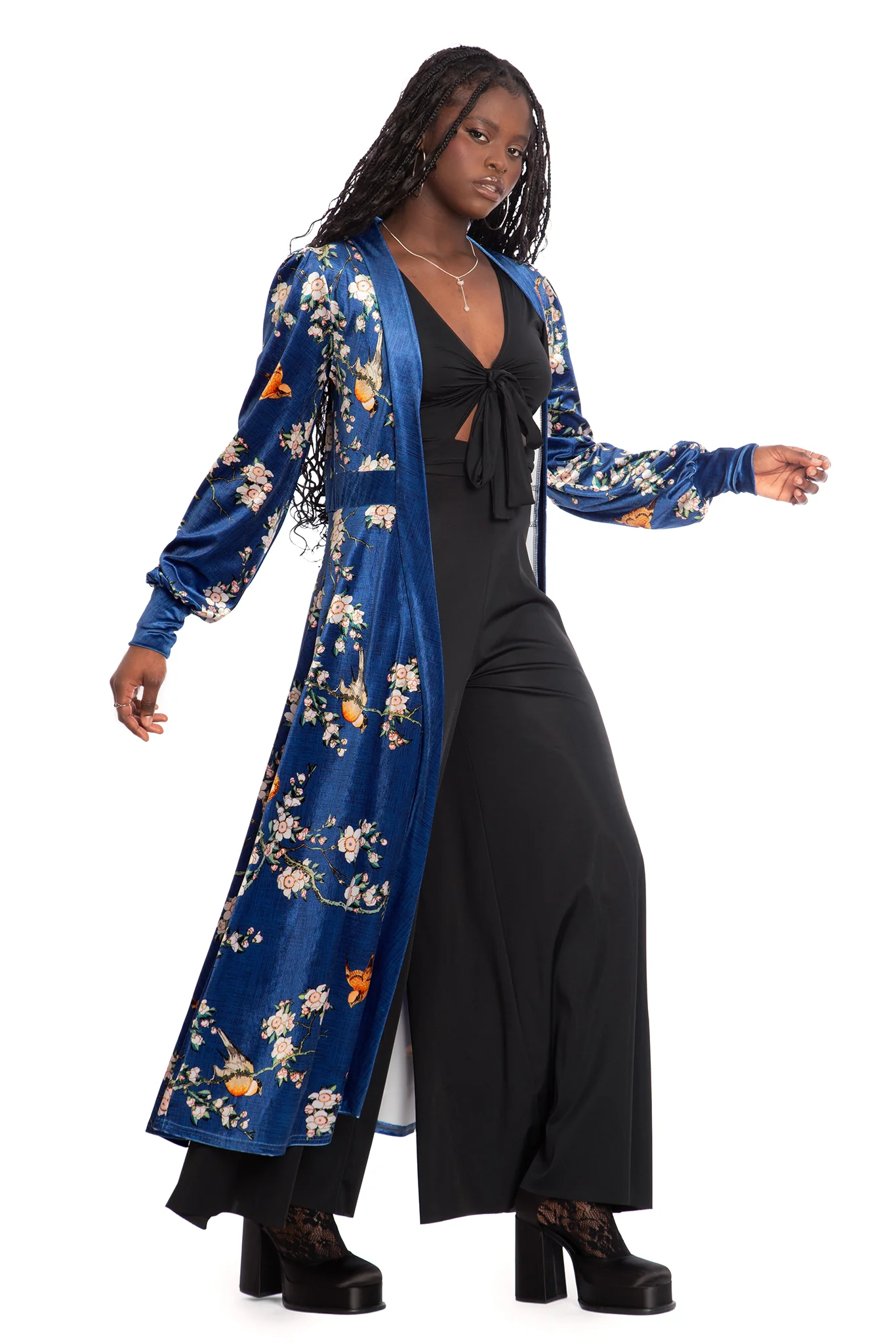 Bullfinch And Weeping Cherry Blossoms Velvet Maxi Jacket - Image 4