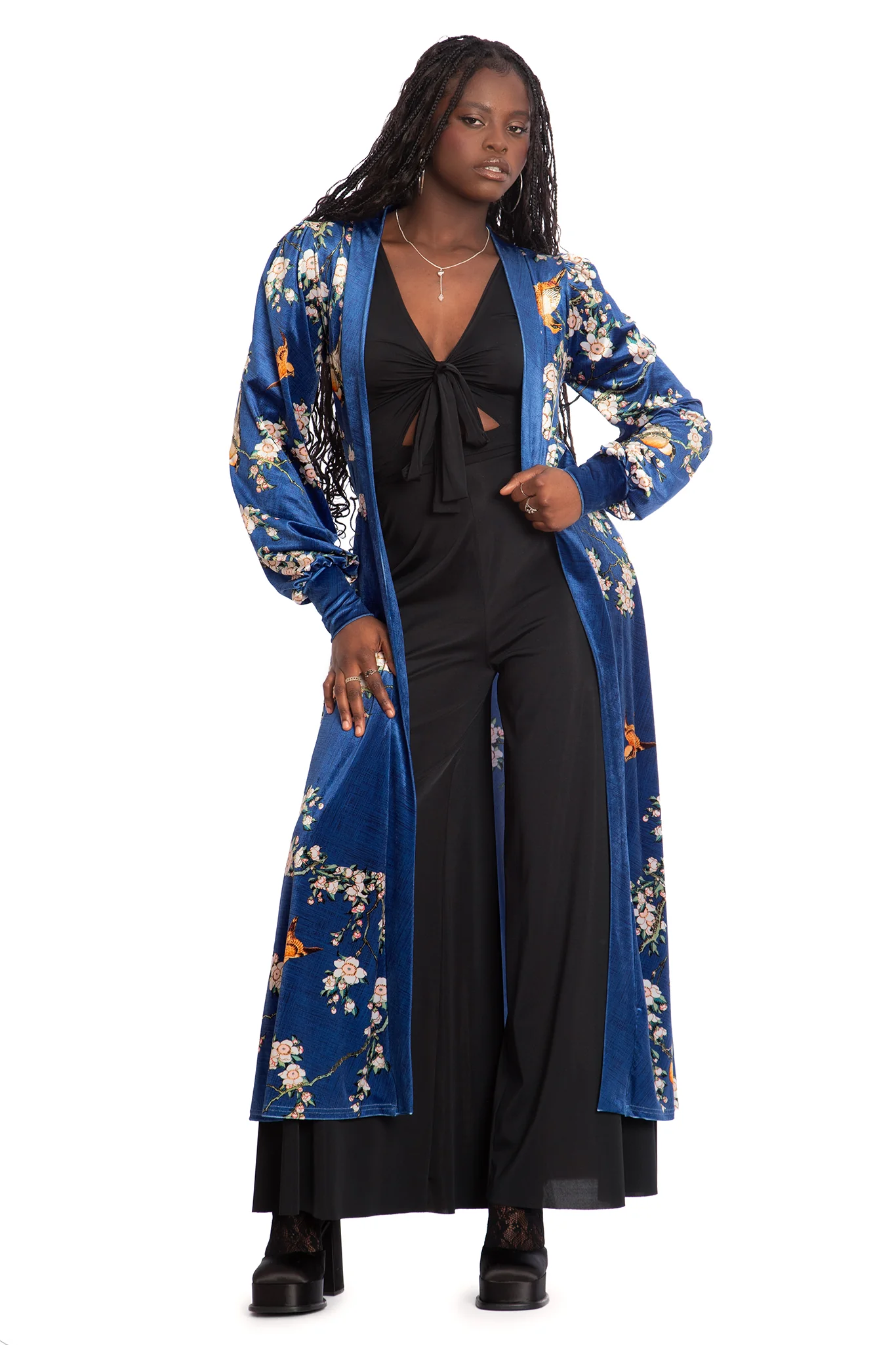 Bullfinch And Weeping Cherry Blossoms Velvet Maxi Jacket - Image 5