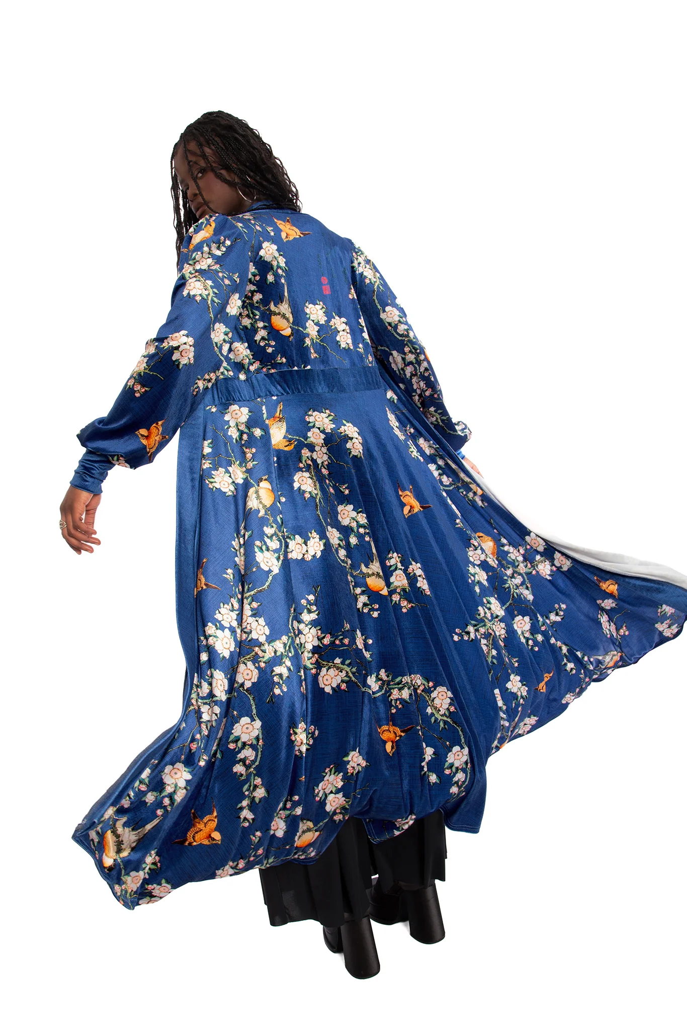 Bullfinch And Weeping Cherry Blossoms Velvet Maxi Jacket - Image 6