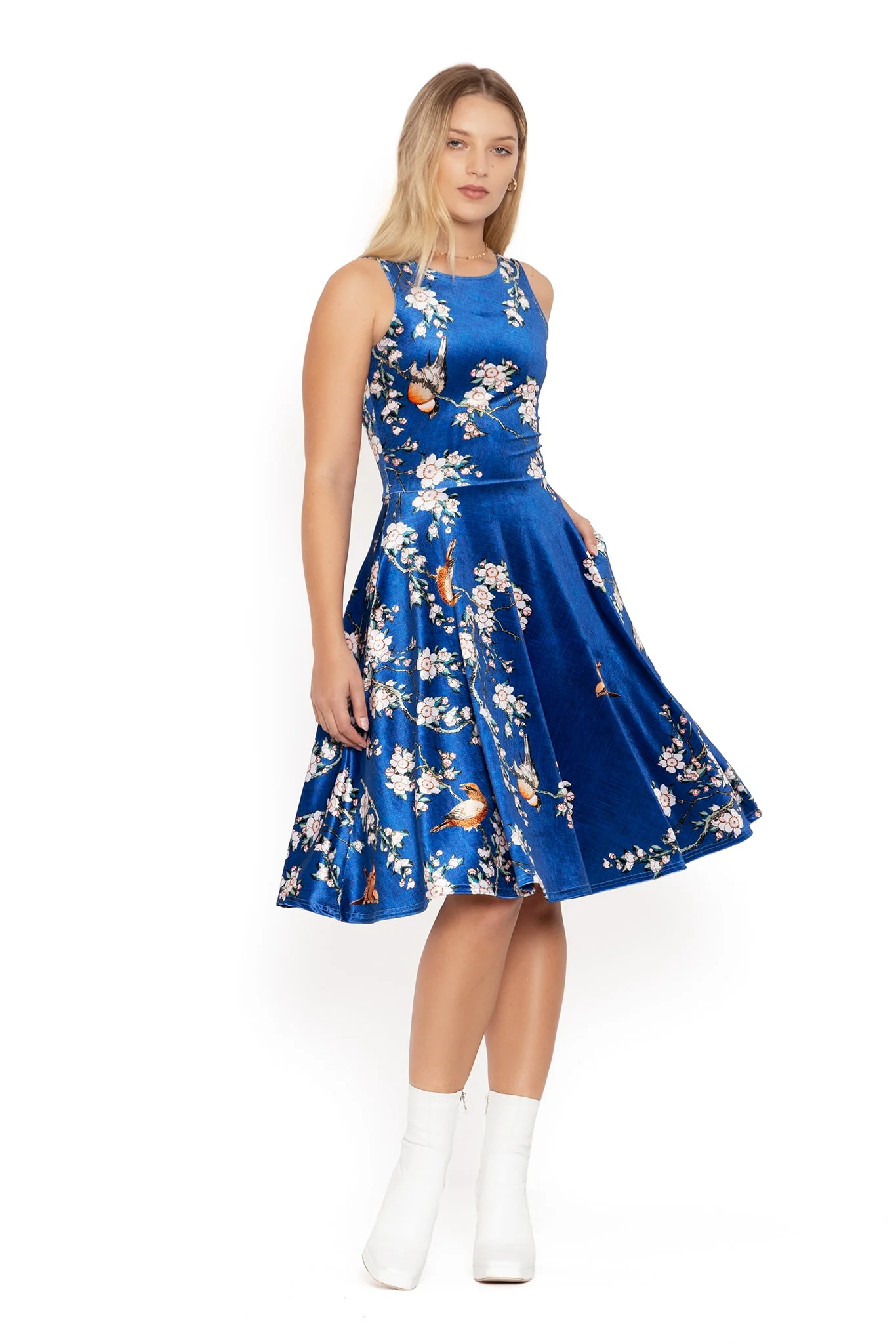 Bullfinch And Weeping Cherry Blossoms Velvet Princess Midi Dress