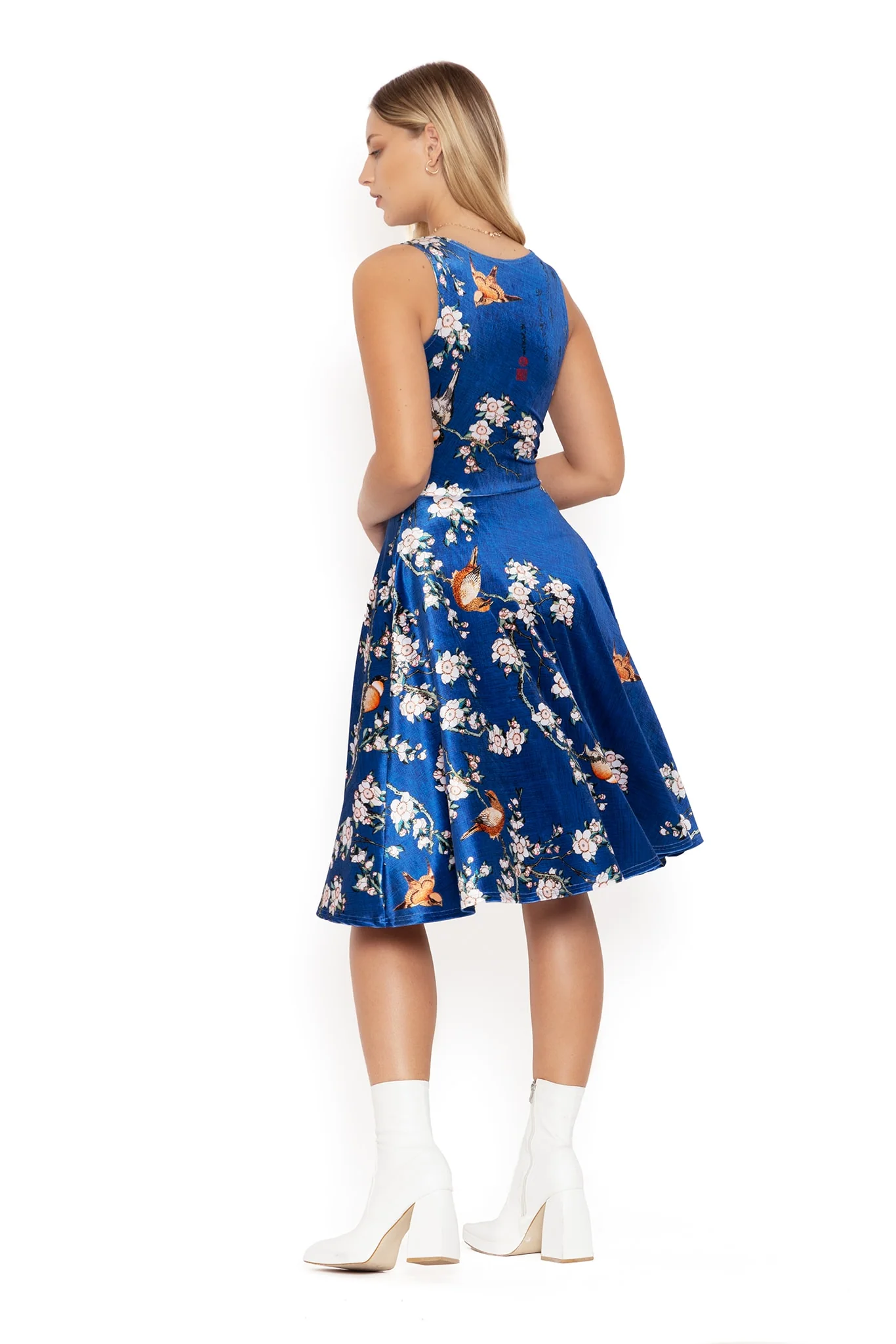 Bullfinch And Weeping Cherry Blossoms Velvet Princess Midi Dress - Image 2