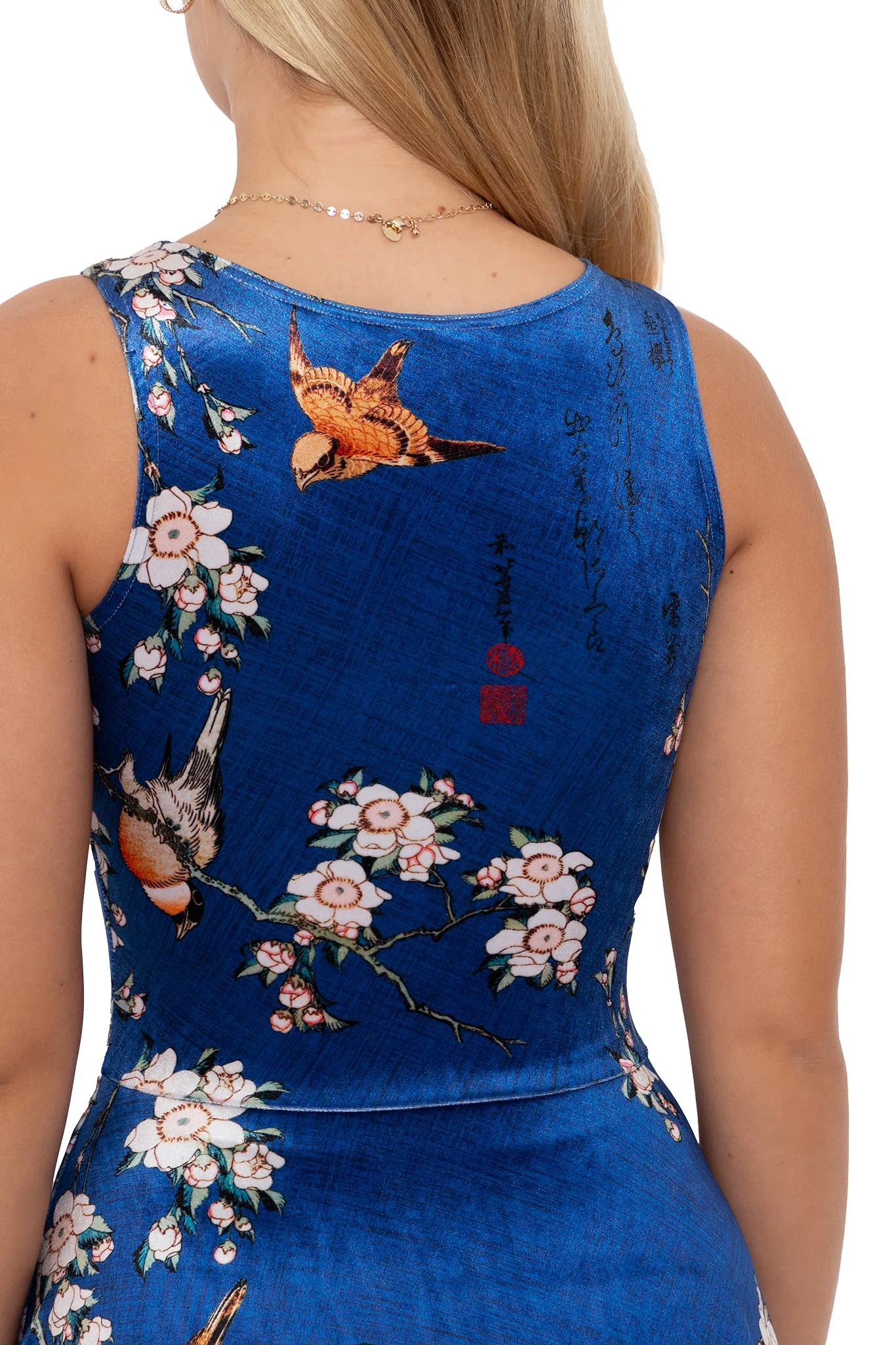 Bullfinch And Weeping Cherry Blossoms Velvet Princess Midi Dress - Image 4