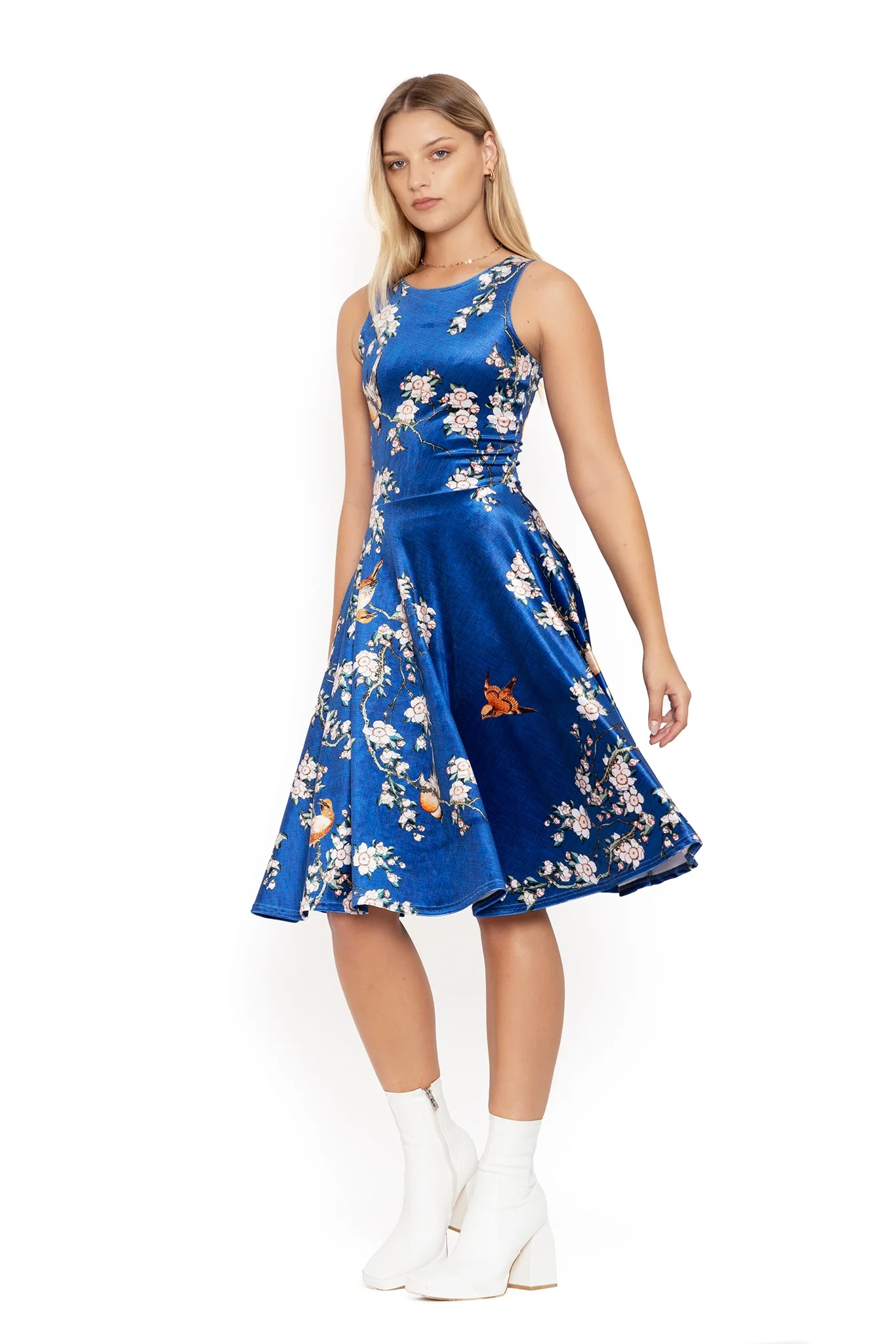 Bullfinch And Weeping Cherry Blossoms Velvet Princess Midi Dress - Image 5