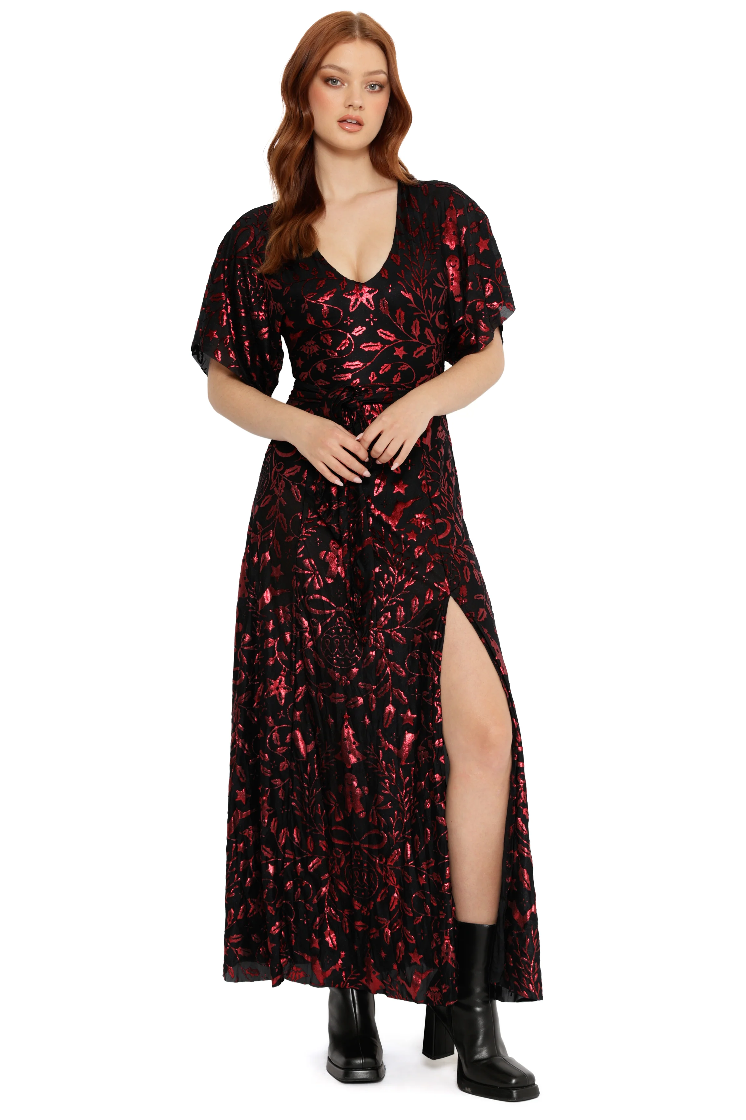 Burned Velvet Crimson Carol Kimono Maxi Dress