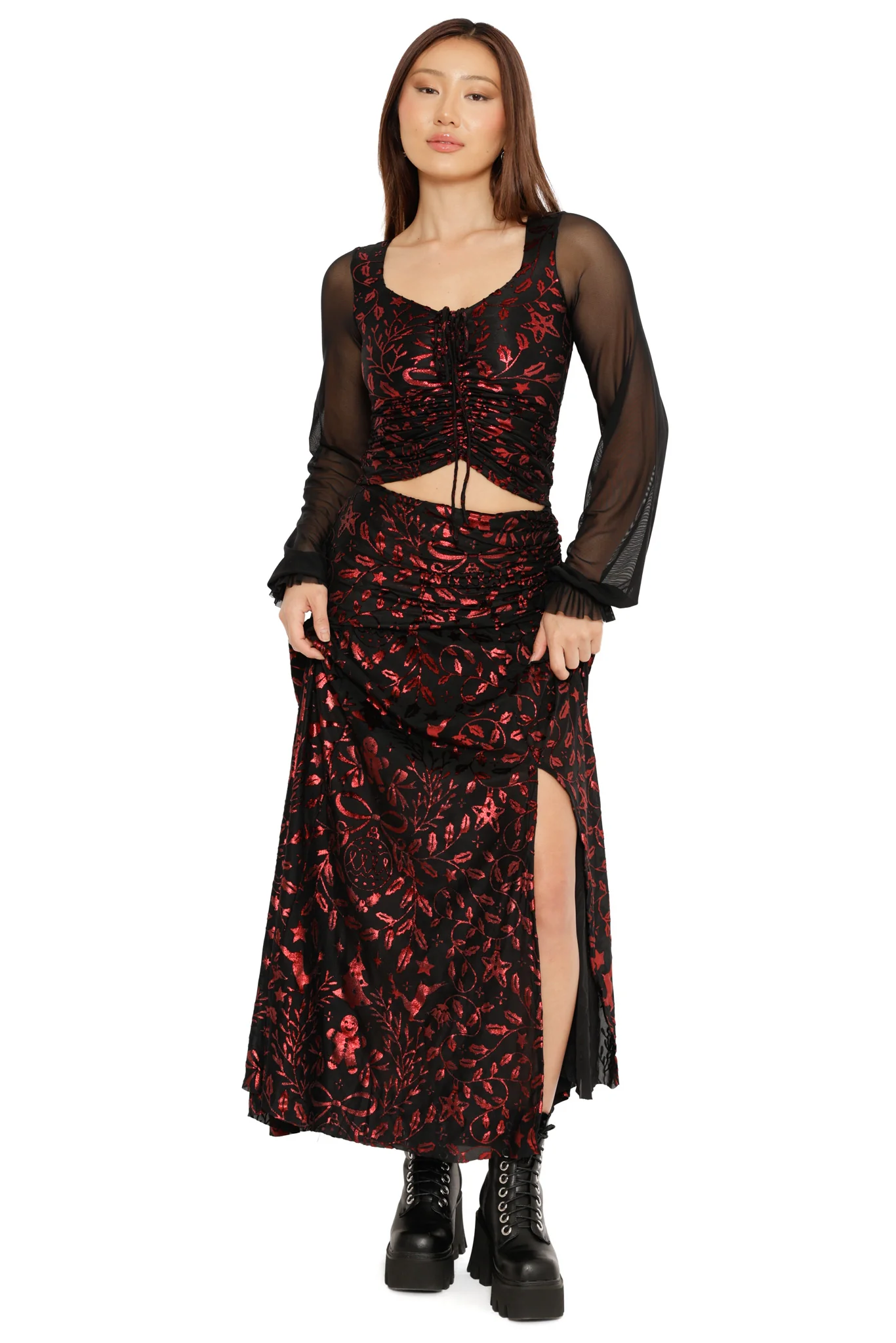 Burned Velvet Crimson Carol Split Maxi Skirt - Image 2