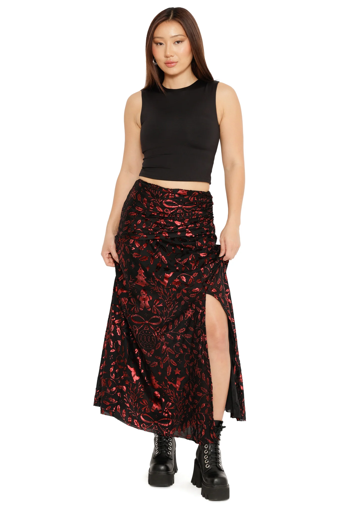 Burned Velvet Crimson Carol Split Maxi Skirt