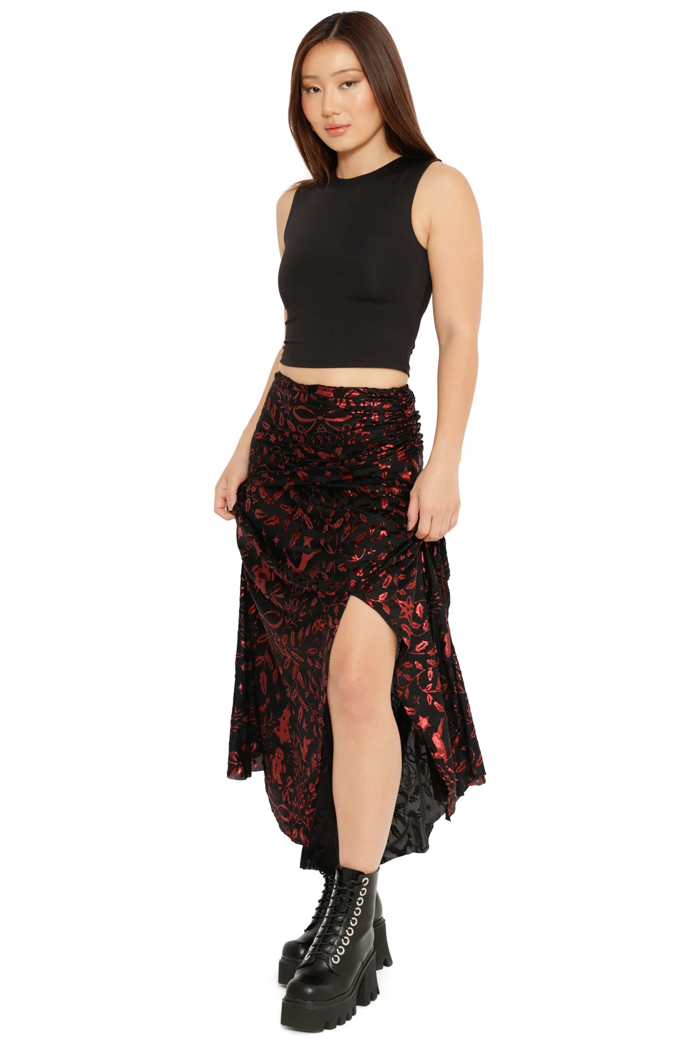 Burned Velvet Crimson Carol Split Maxi Skirt - Image 5