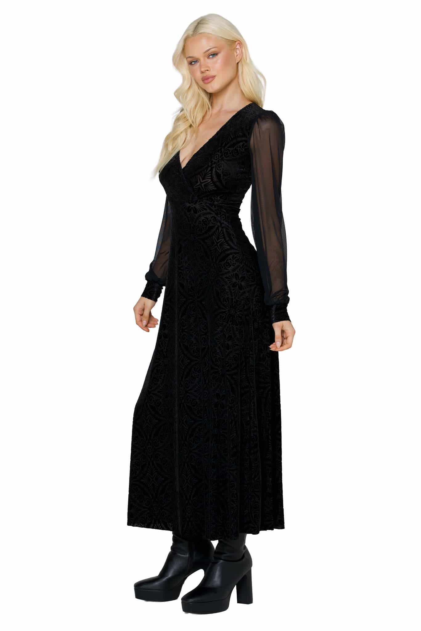Black Burned Velvet Sheer Romance Maxi Dress - Image 3