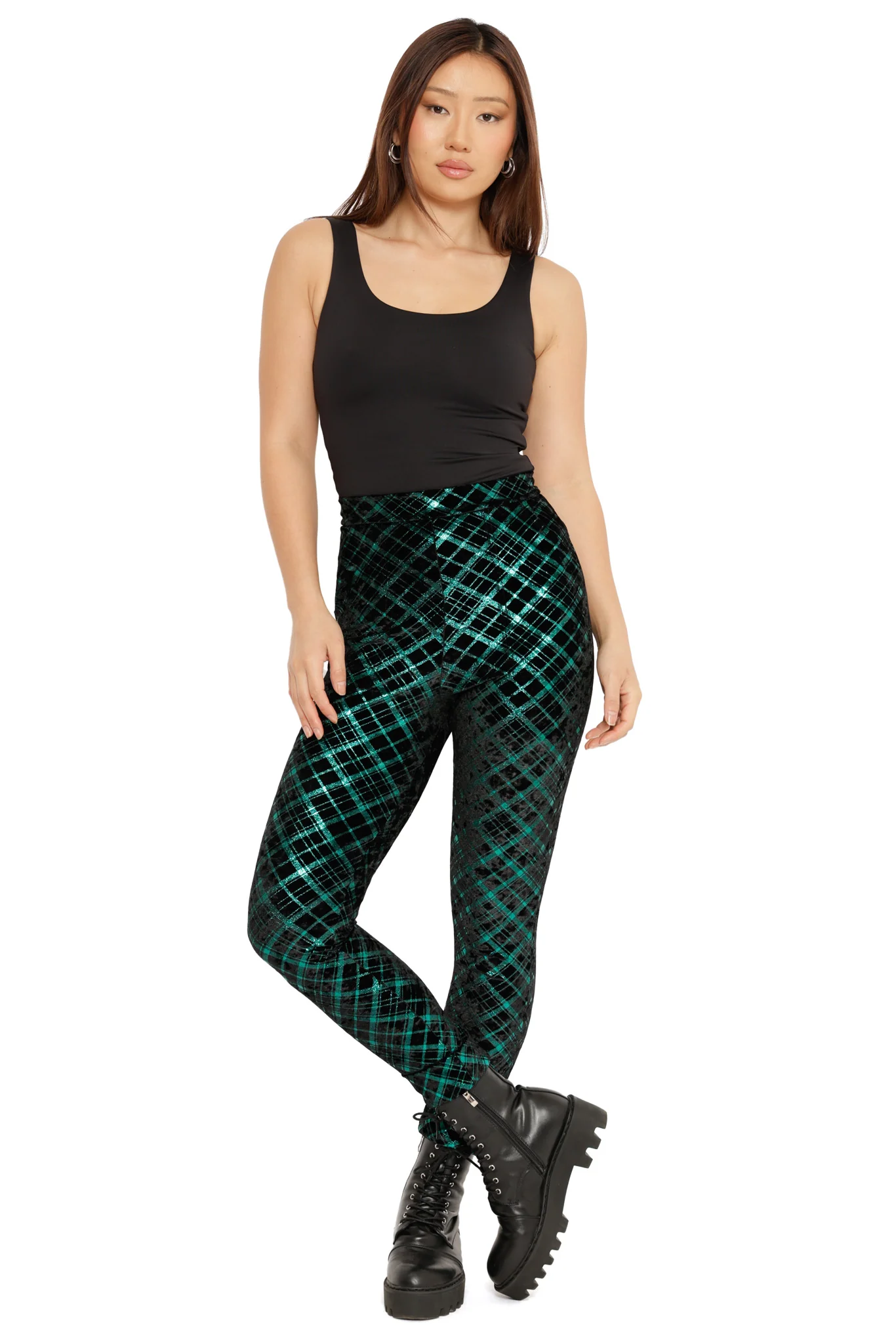 Check It Twice Green Foil Velvet High Waisted Pants