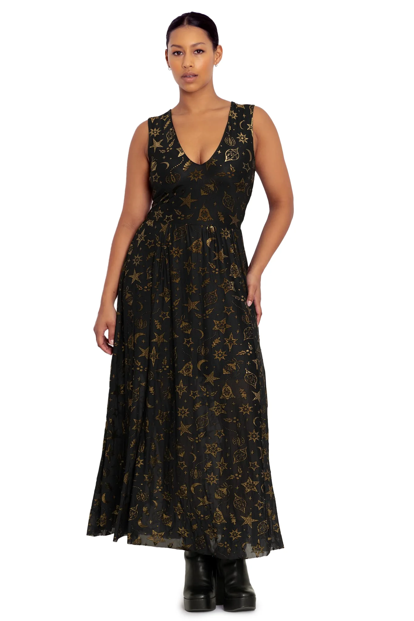 Burned Velvet Christmas Baubles V Neck Maxi Dress