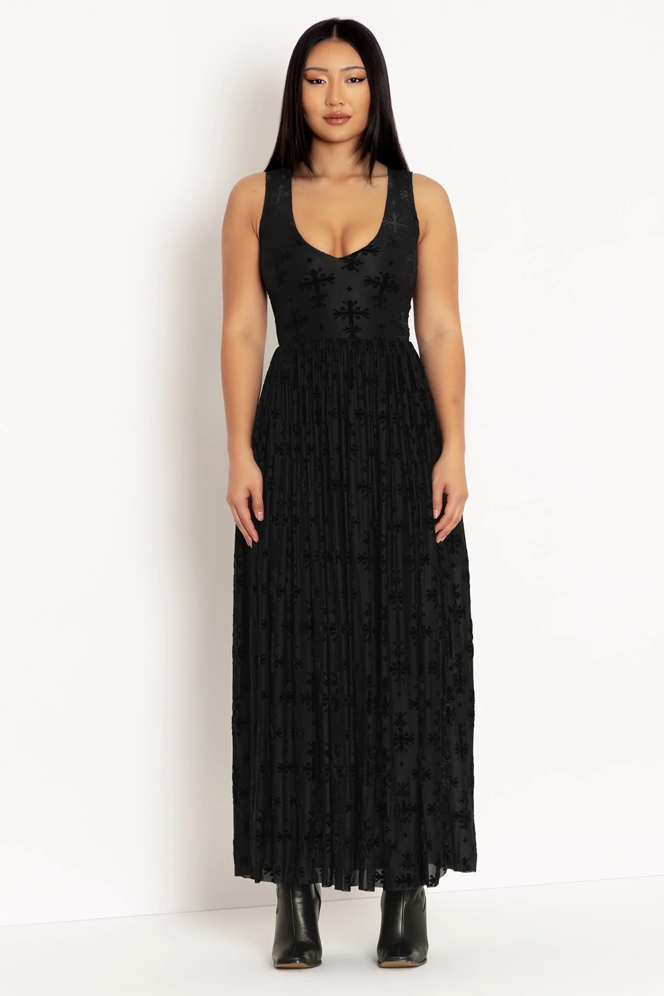 Burned Velvet Coffin Lining V Neck Gathered Maxi Dress - Image 6