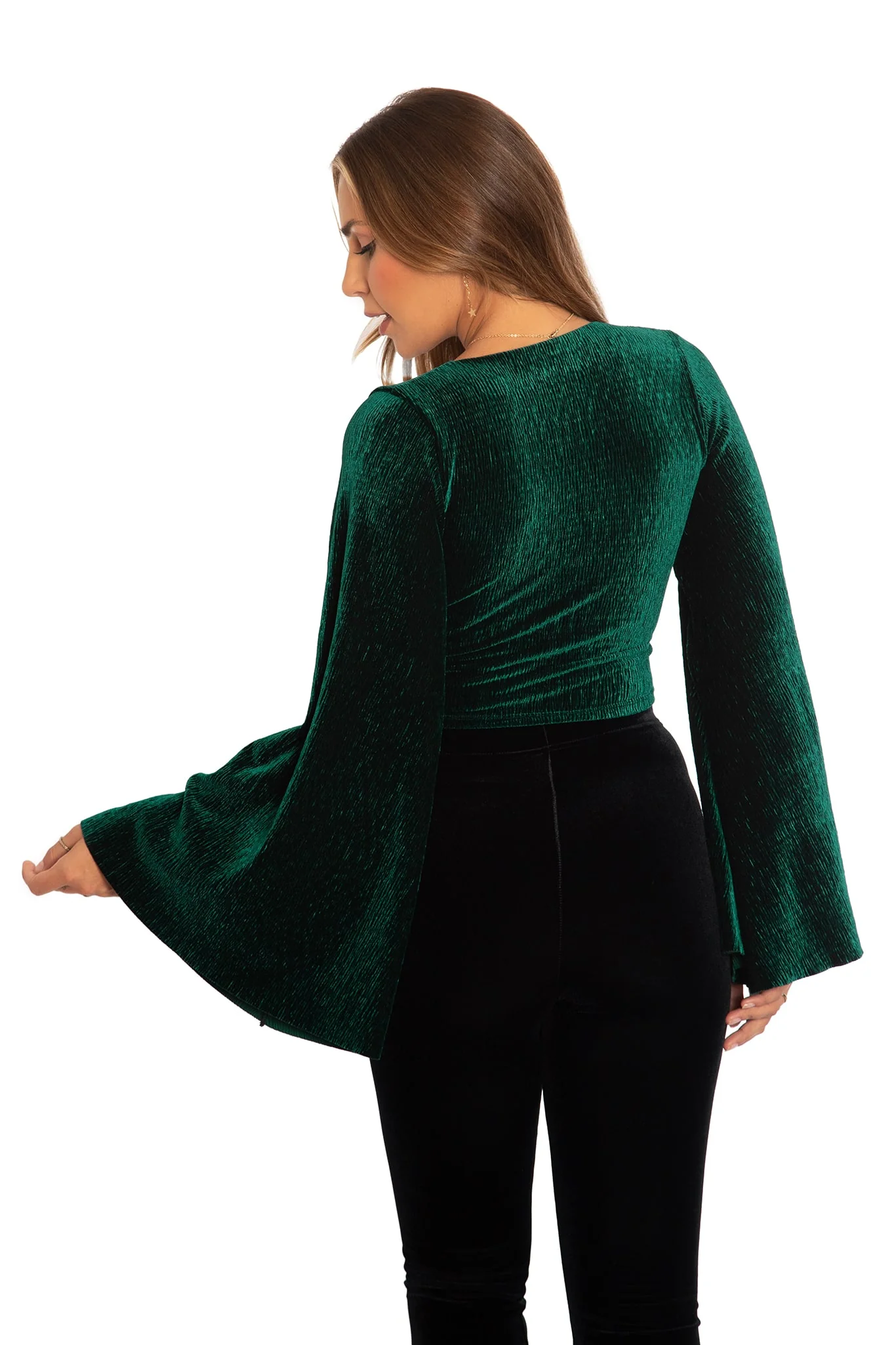 Crinkle Velvet Green Wide Sleeve Top - Image 2