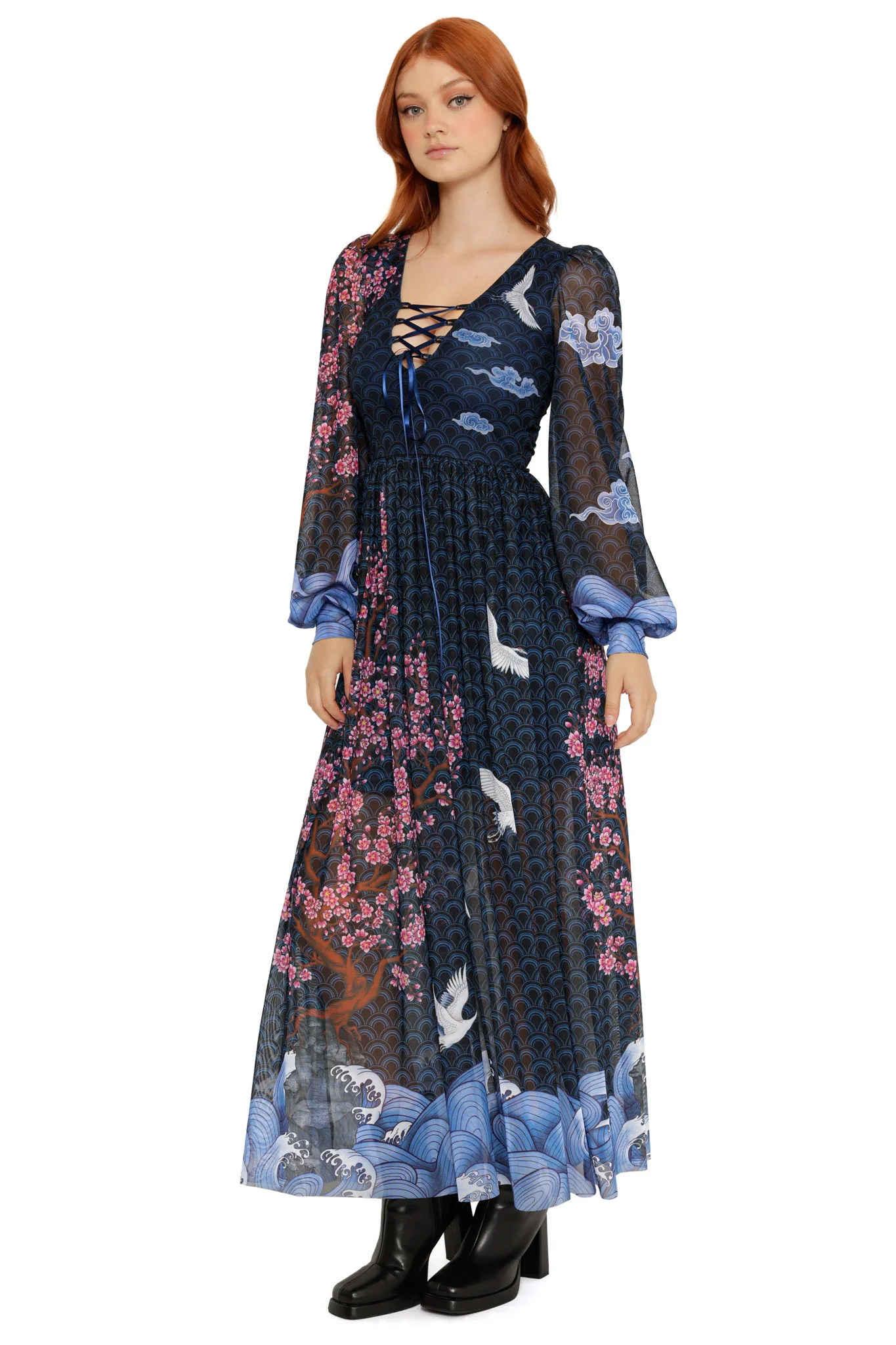 Flight of Tsuru Bishop Sleeve Maxi Dress - Image 4