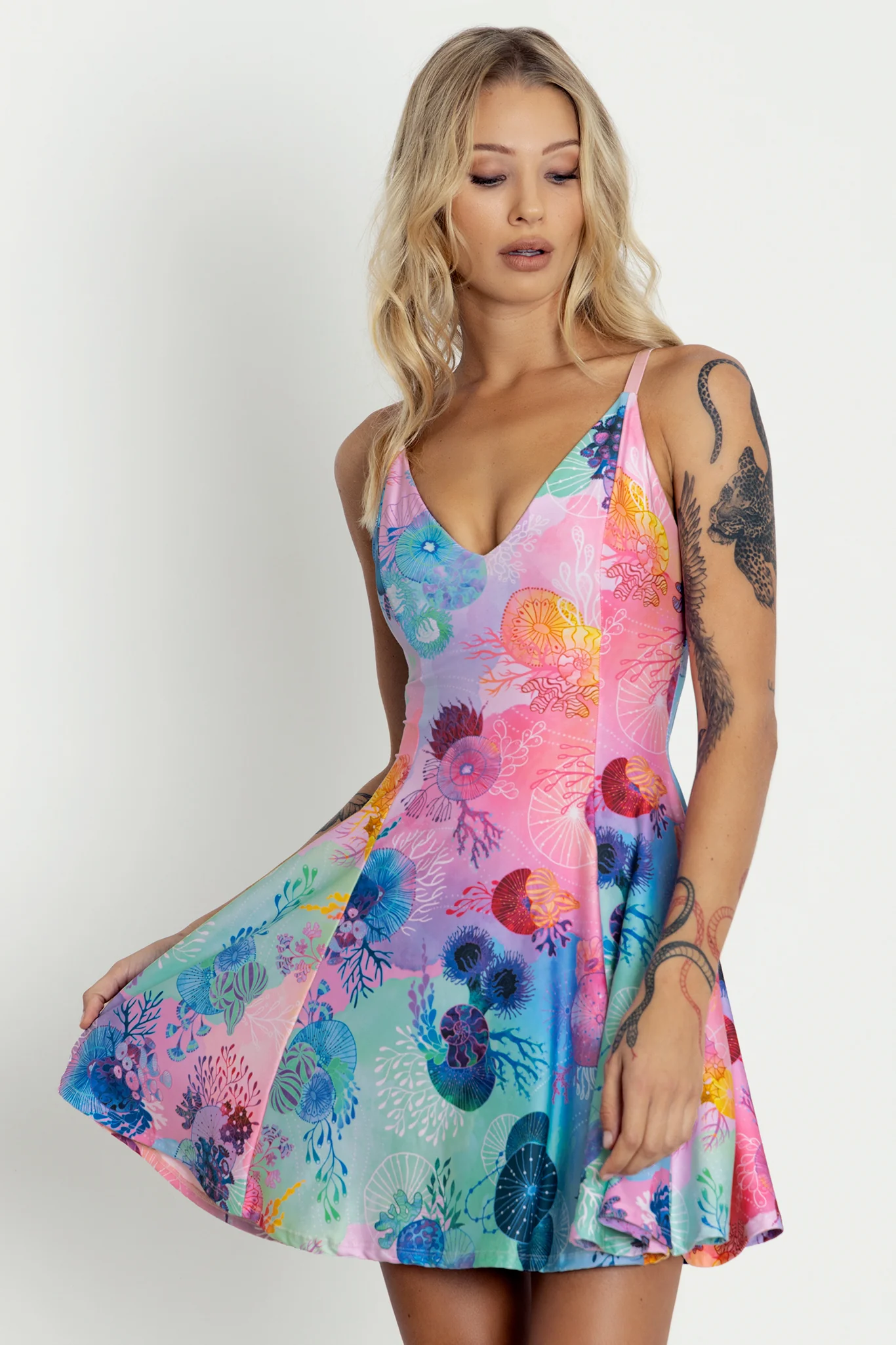 Floral Coral Rainbow Mini Strappy Dress - Image 3