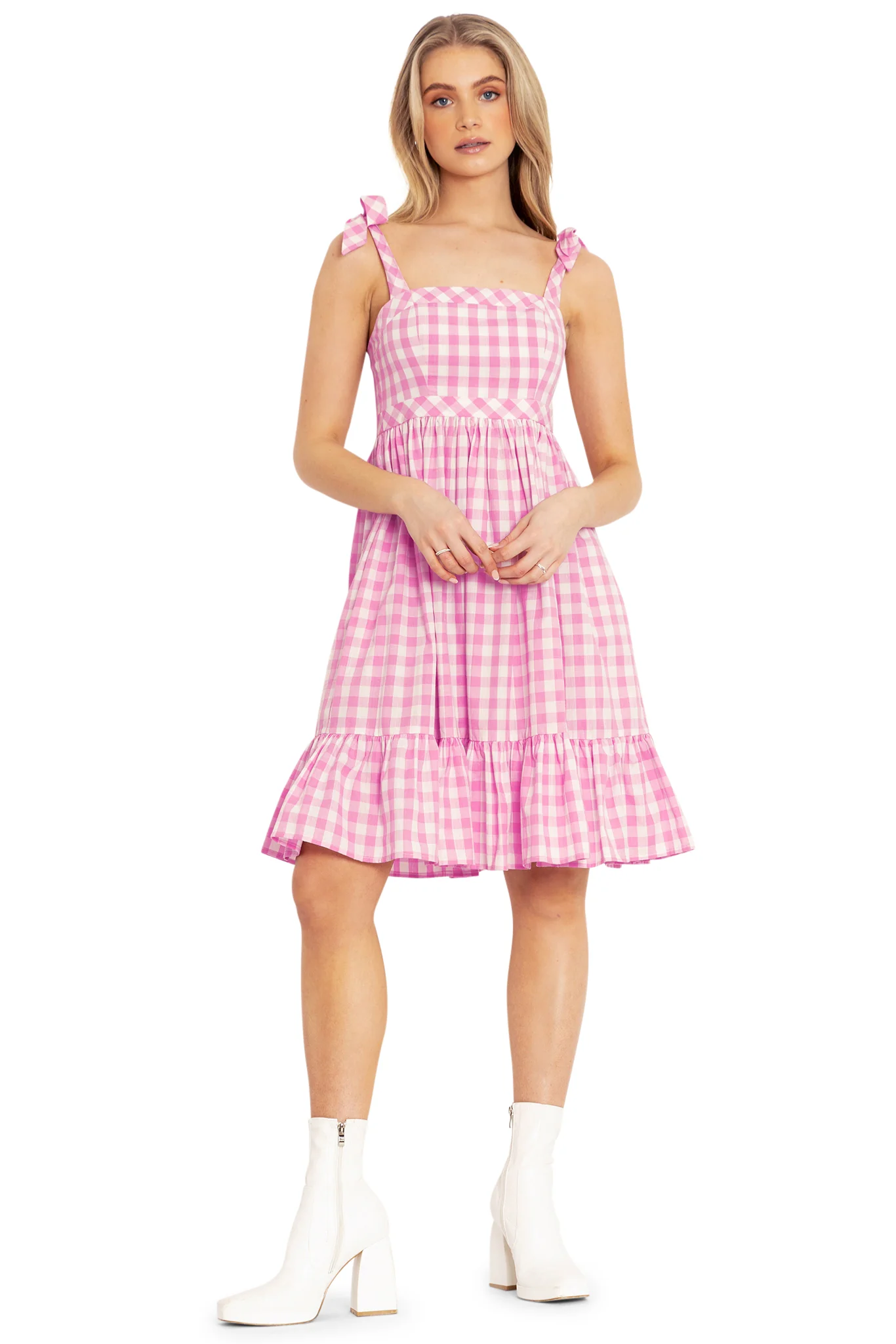 Gingham Pastel Pink Tied 'N Tiered Longline Dress