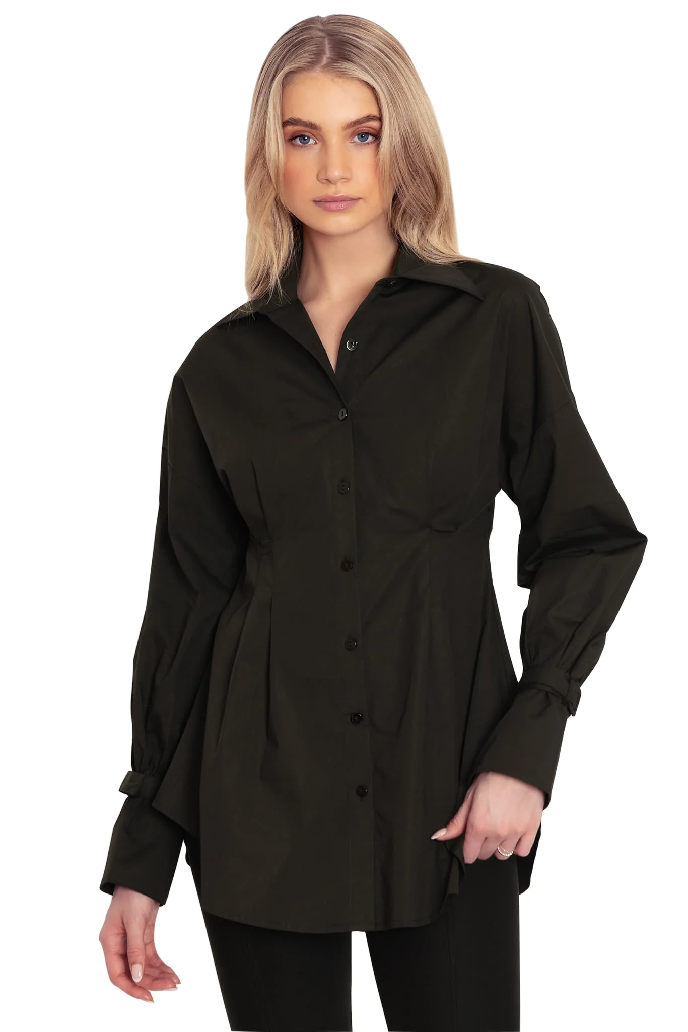 Gothic Romance Black Cinched Waist Button Up Shirt - Image 4