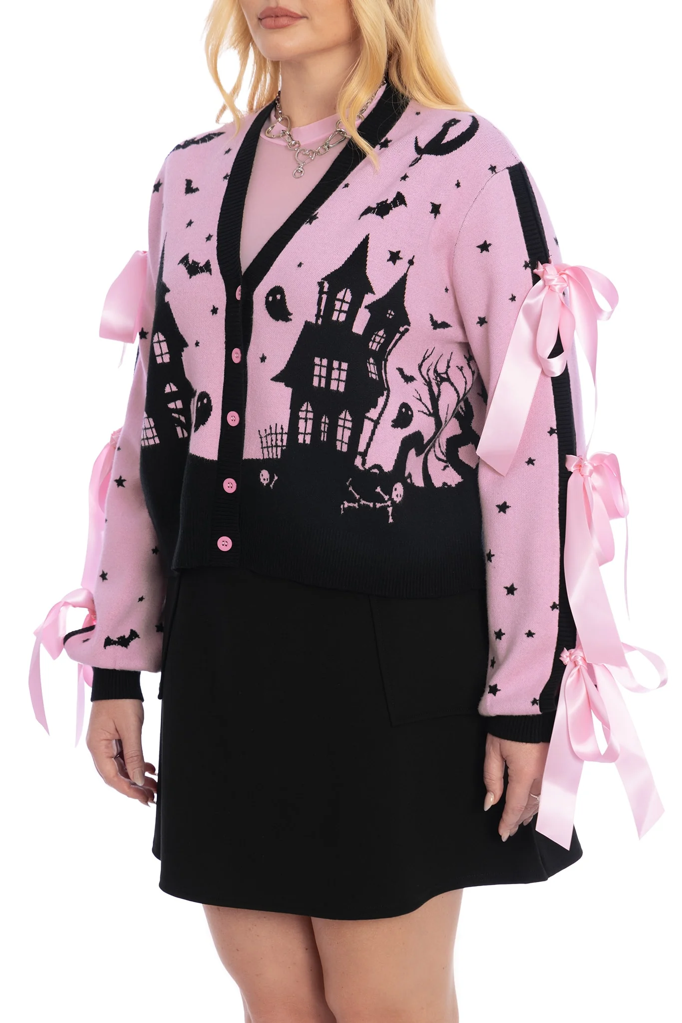 House Of Haunts Cropped Bow Cardigan - Image 3