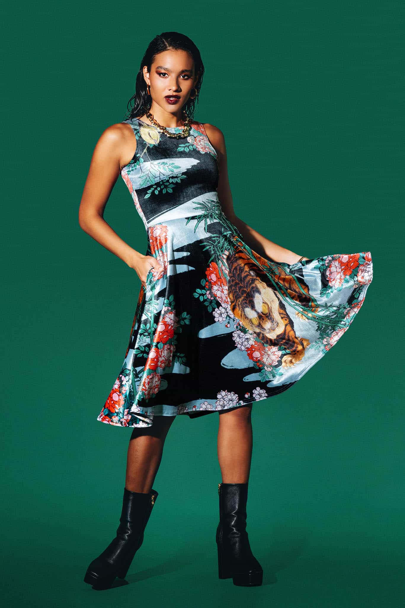 I Got That Tiger In Me Velvet Princess Midi Dress - Image 4