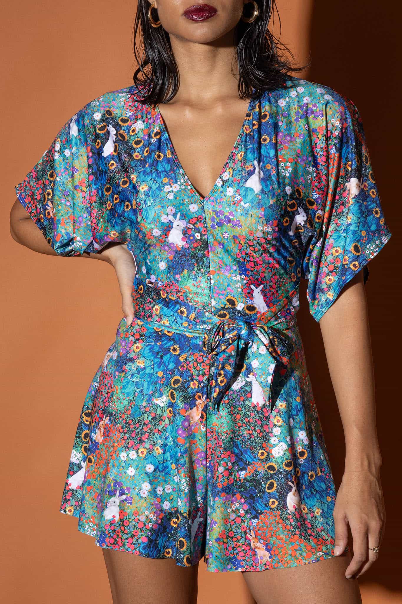 Klimt Collage Bunnies Kimono Tie Top - Image 4