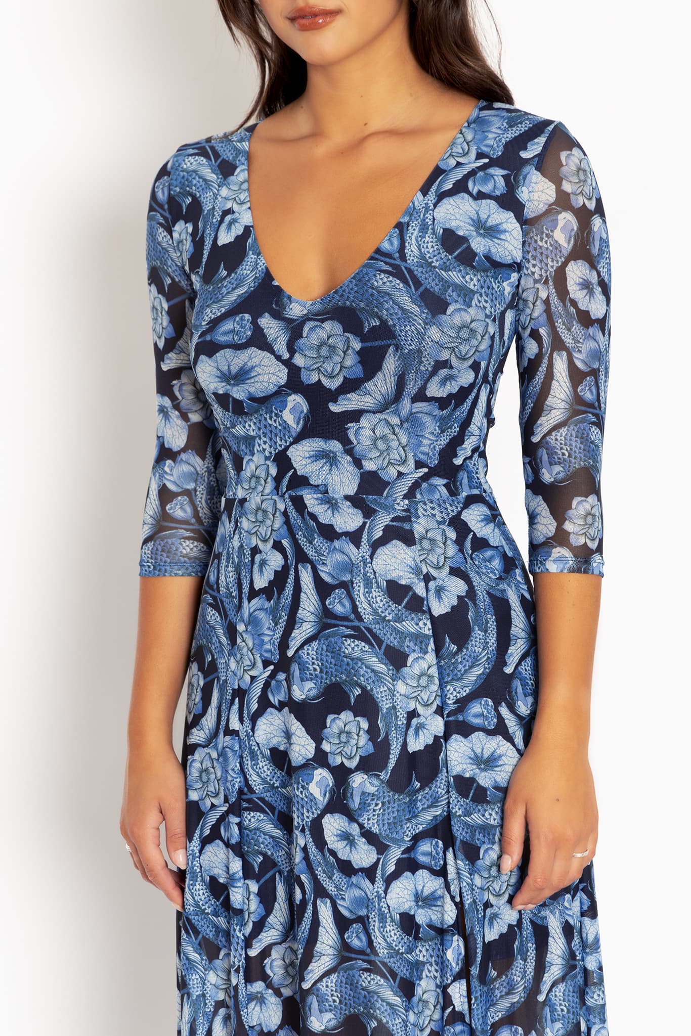 Koi Pond Blue 3/4 Sleeve Split Maxi Dress - Image 3