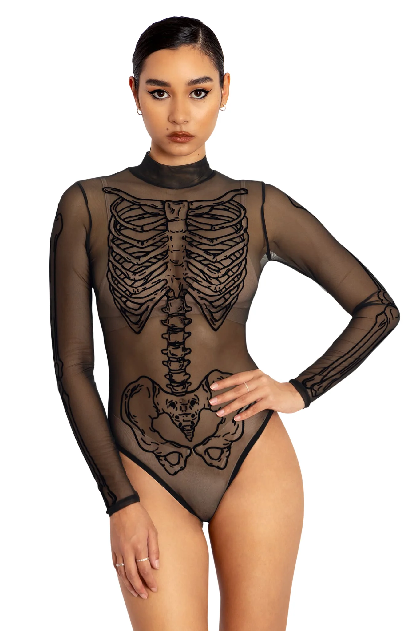 Lazy Bones Sheer High Neck Long Sleeve Bodysuit