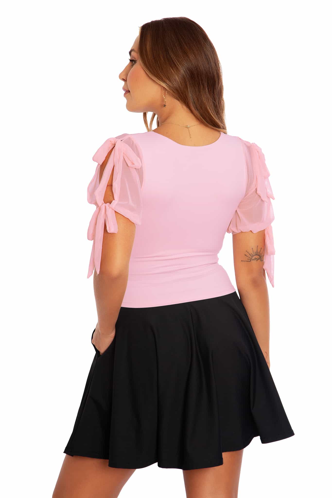 Matte Baby Pink Sheer Tie Sleeve Top - Image 2
