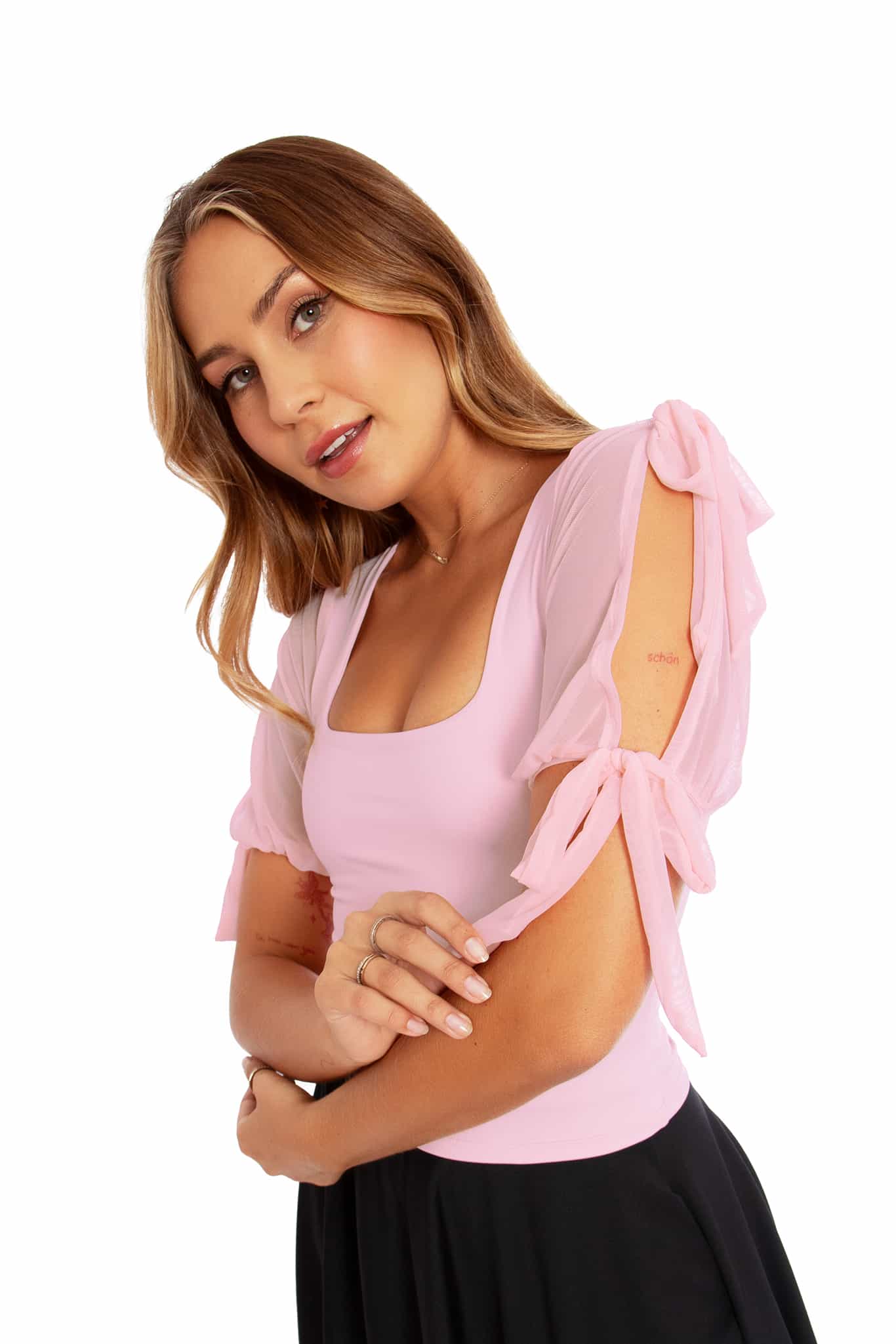 Matte Baby Pink Sheer Tie Sleeve Top - Image 6