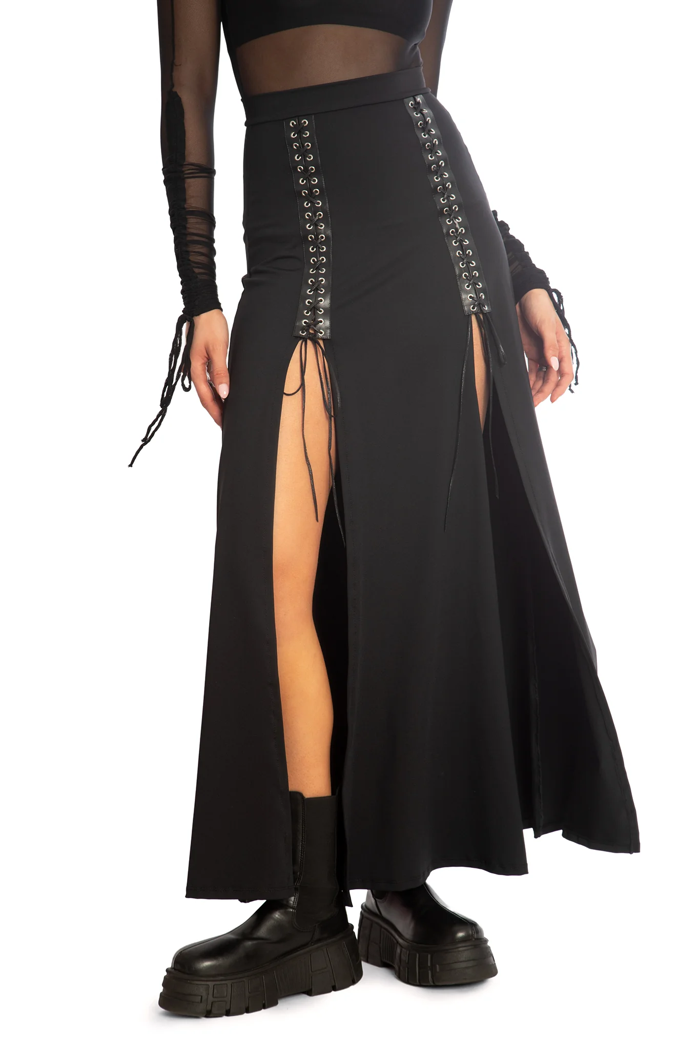Matte Black Laced Split Skirt - Image 3