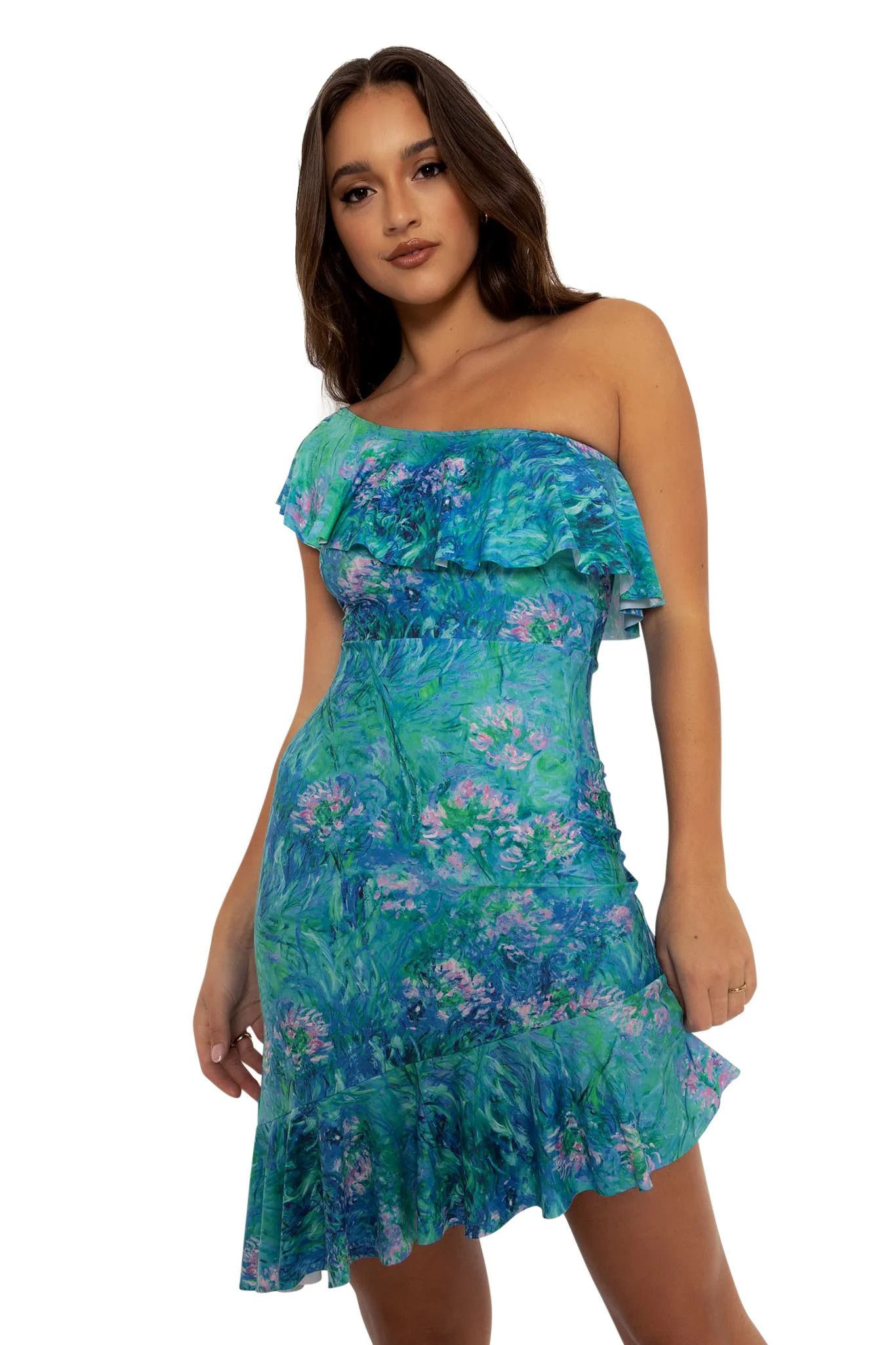 Monet Agapanthus One Shoulder Flounce Dress - Image 6