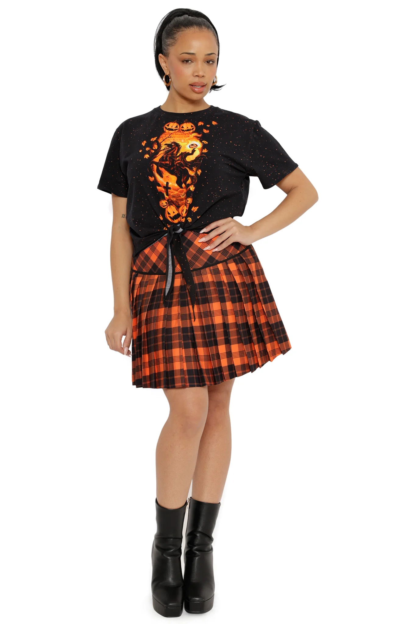 Orange Trick-or-Tartan Woven Pleated Skirt - Image 3