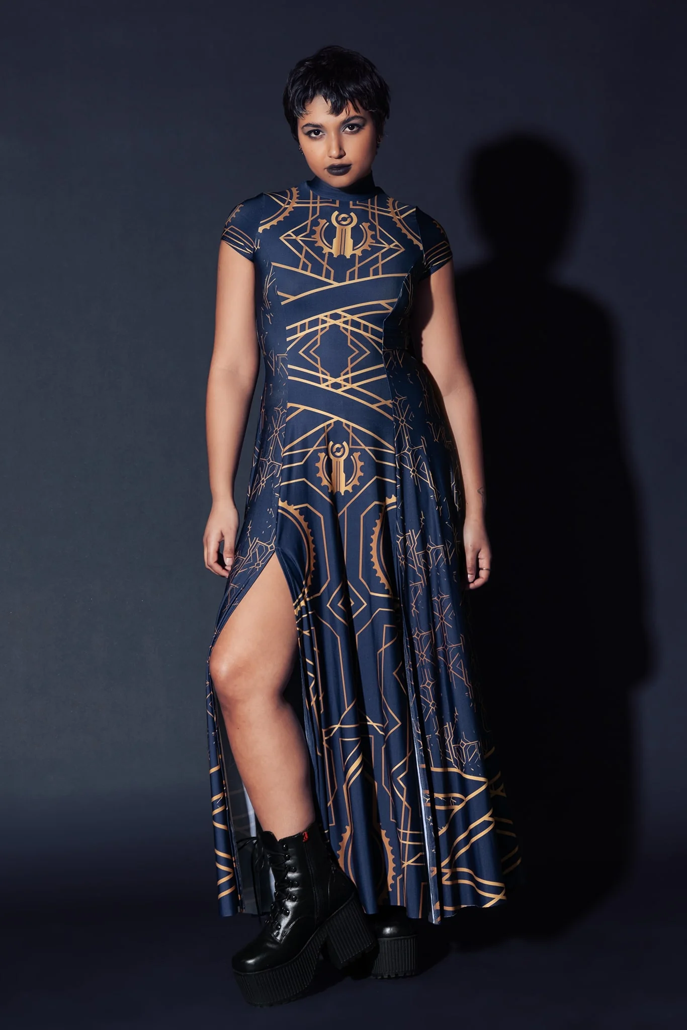 Piltover High Neck Cap Sleeve Split Maxi Dress