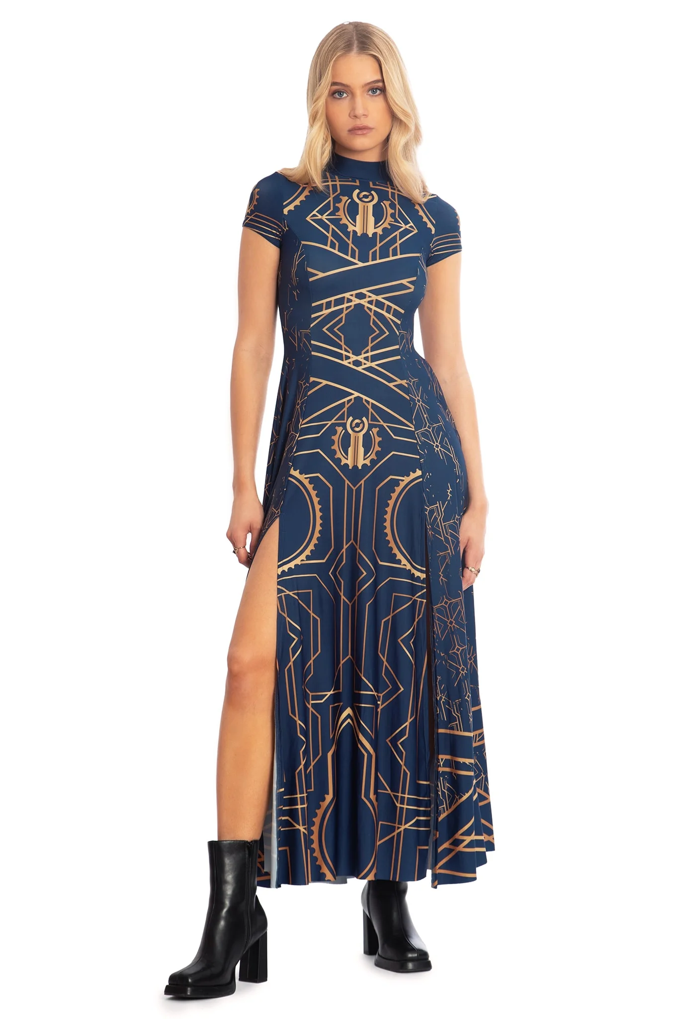 Piltover High Neck Cap Sleeve Split Maxi Dress - Image 6