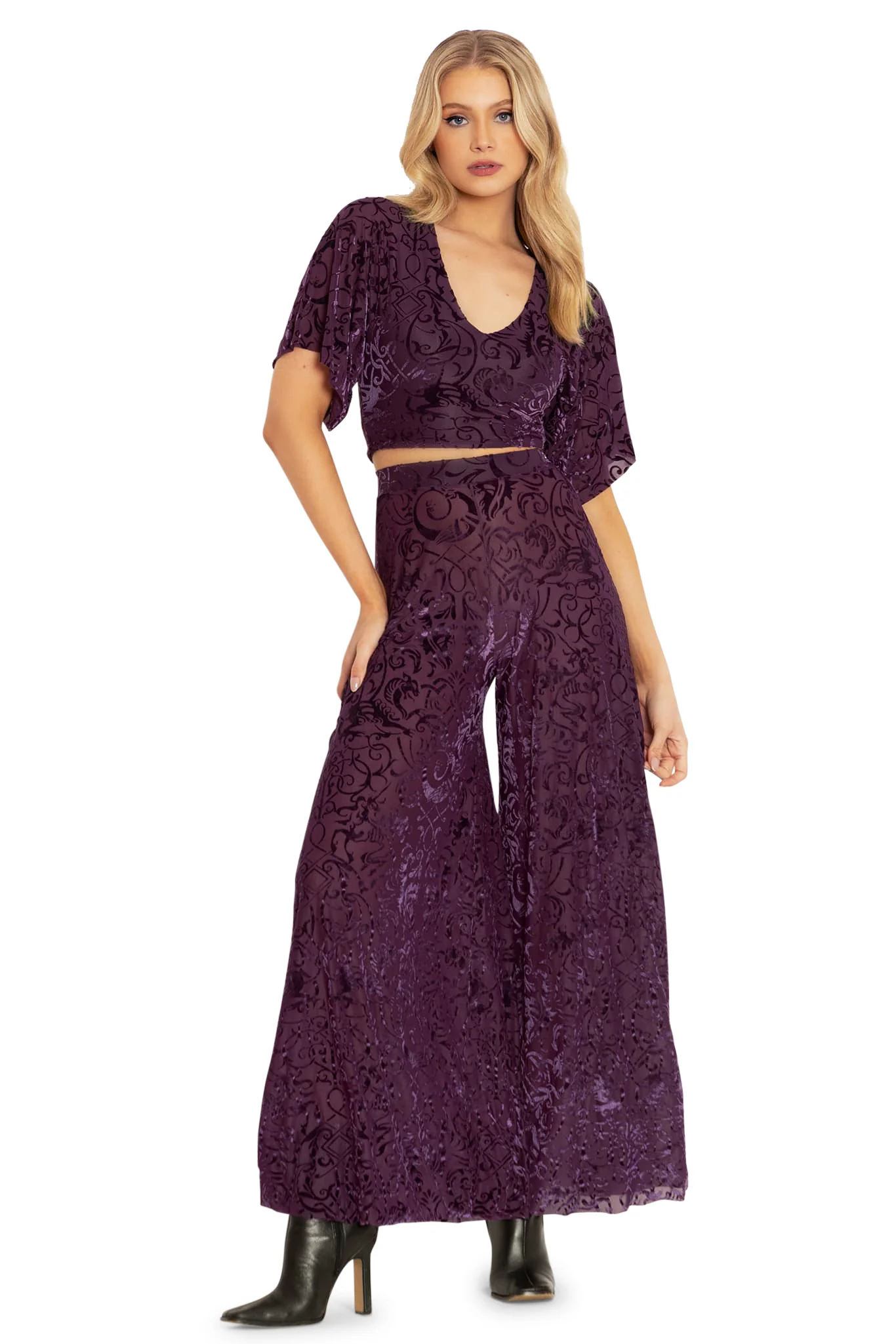 Burned Velvet Gothic Gates Plum Palazzo Pants