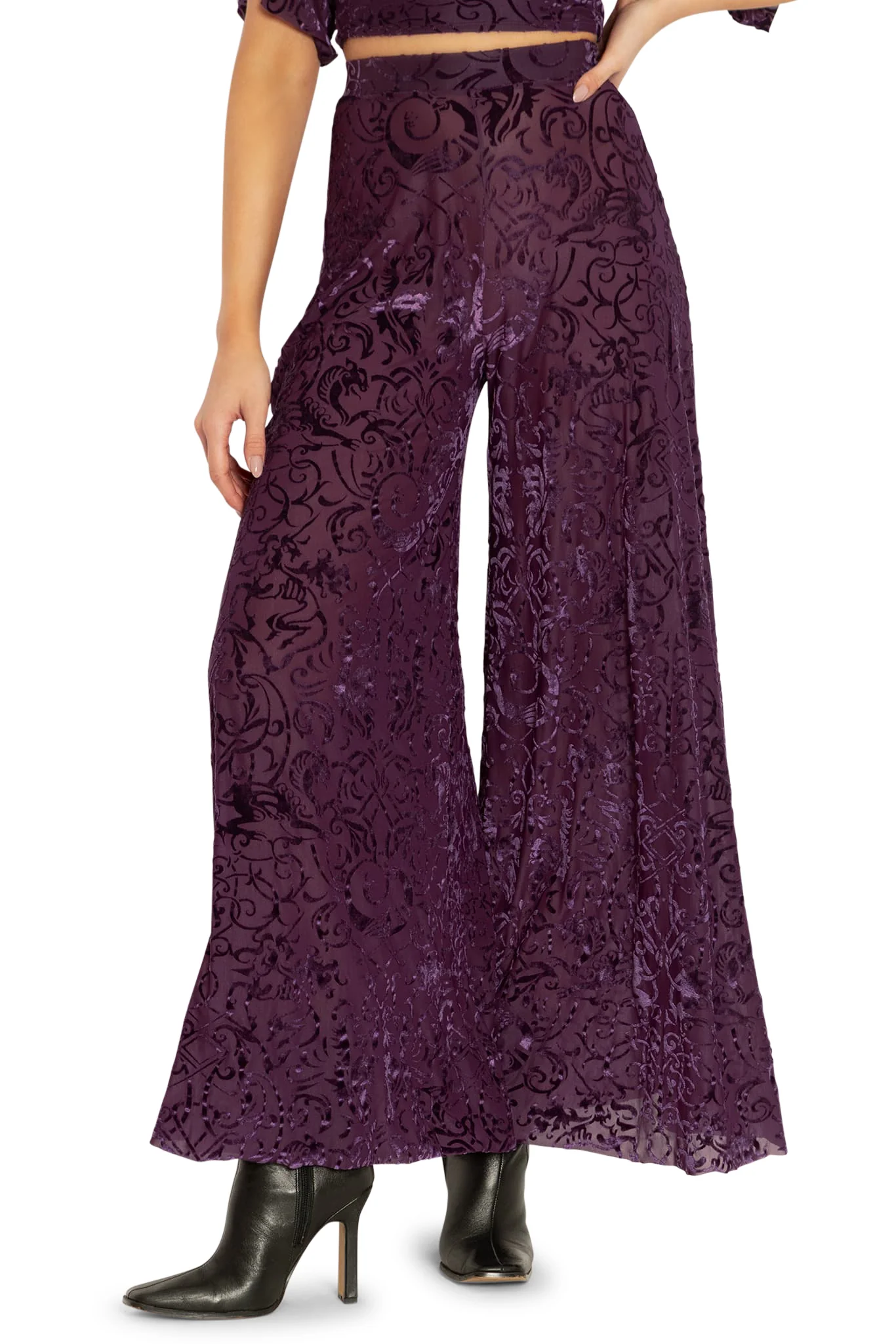 Burned Velvet Gothic Gates Plum Palazzo Pants - Image 6